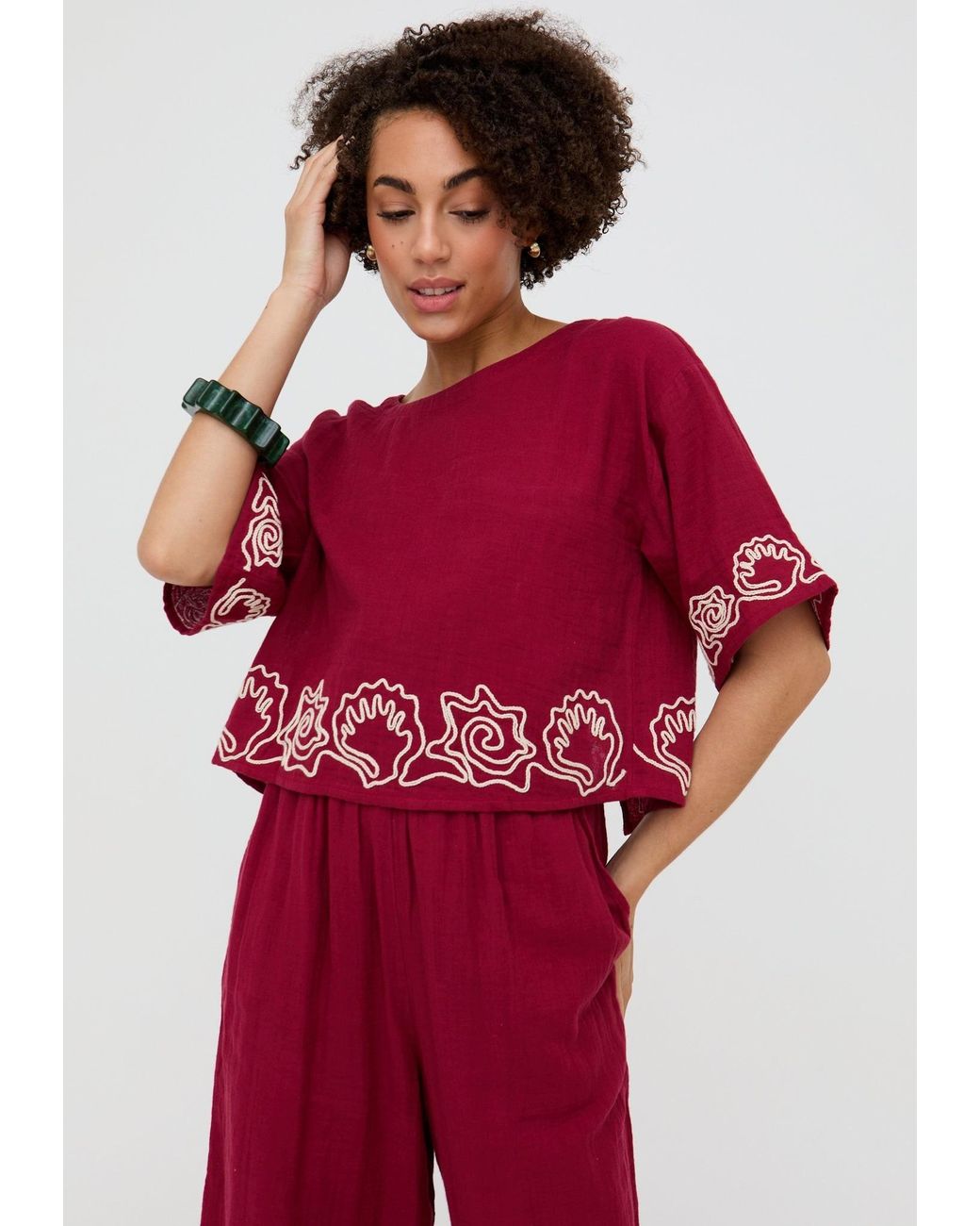 Raffya Milly Embroidered Split Open Back Blouse