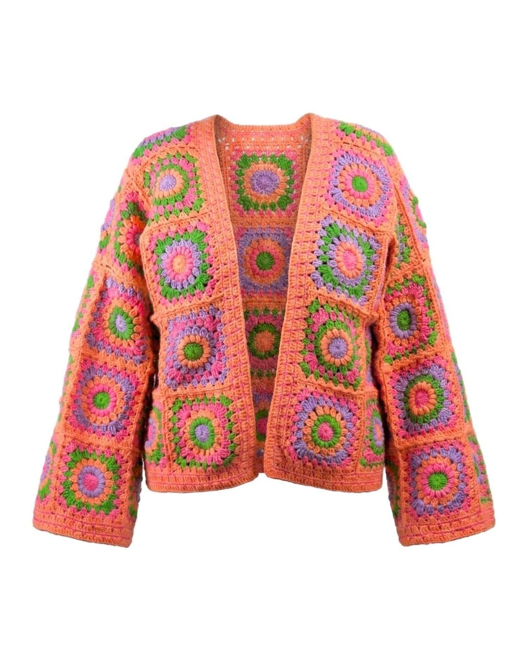 Ana Chic Red Coral Granny Square Handmade Crochet Cardigan