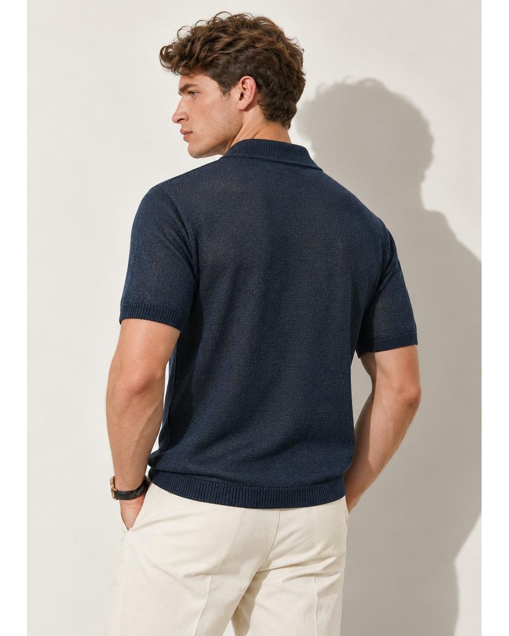 Vayla Blue Fine-Knit Relaxed Fit Open Collar Polo Shirt for men