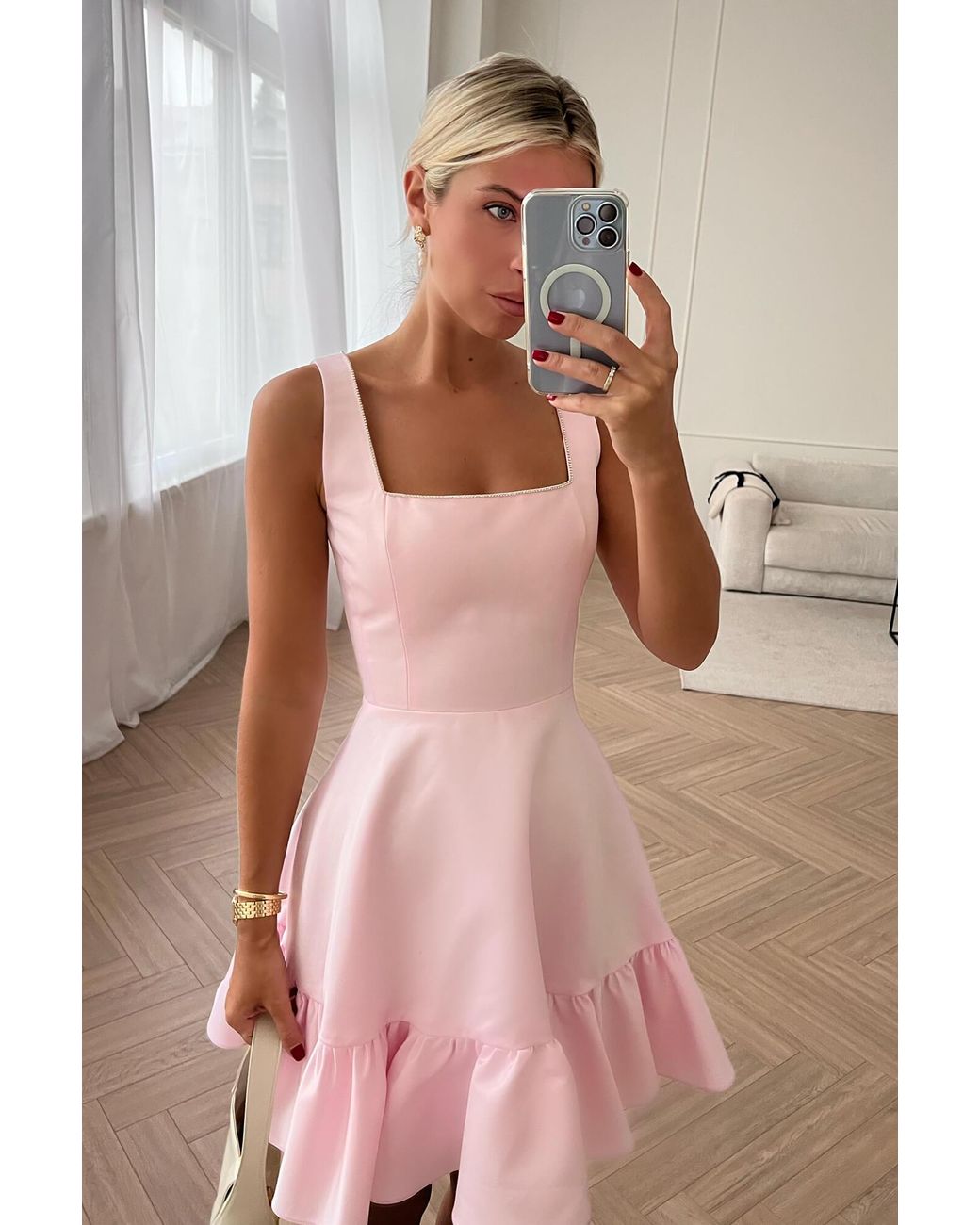 POST MERIDIEM Pink Bottom Flounced Strap Mini Dress