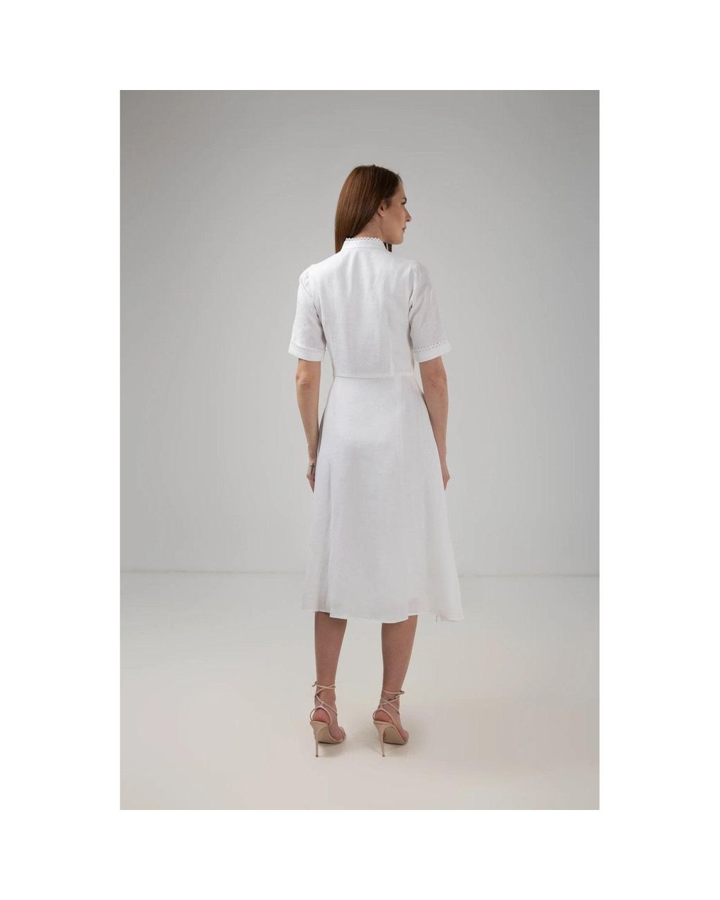 IZABELA MANDOIU Gray Elegant Linen Lace Trim Midi Dress