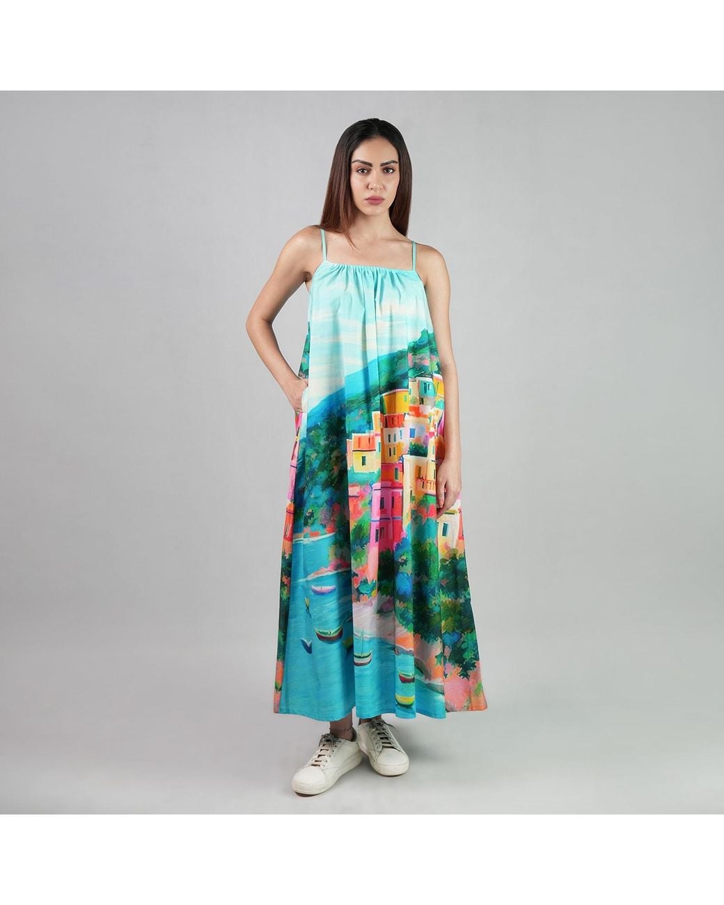 DHARA SHETH DUBAI Blue La Dolce Riviera Mediterranean Print Cotton Maxi Dress With Pockets