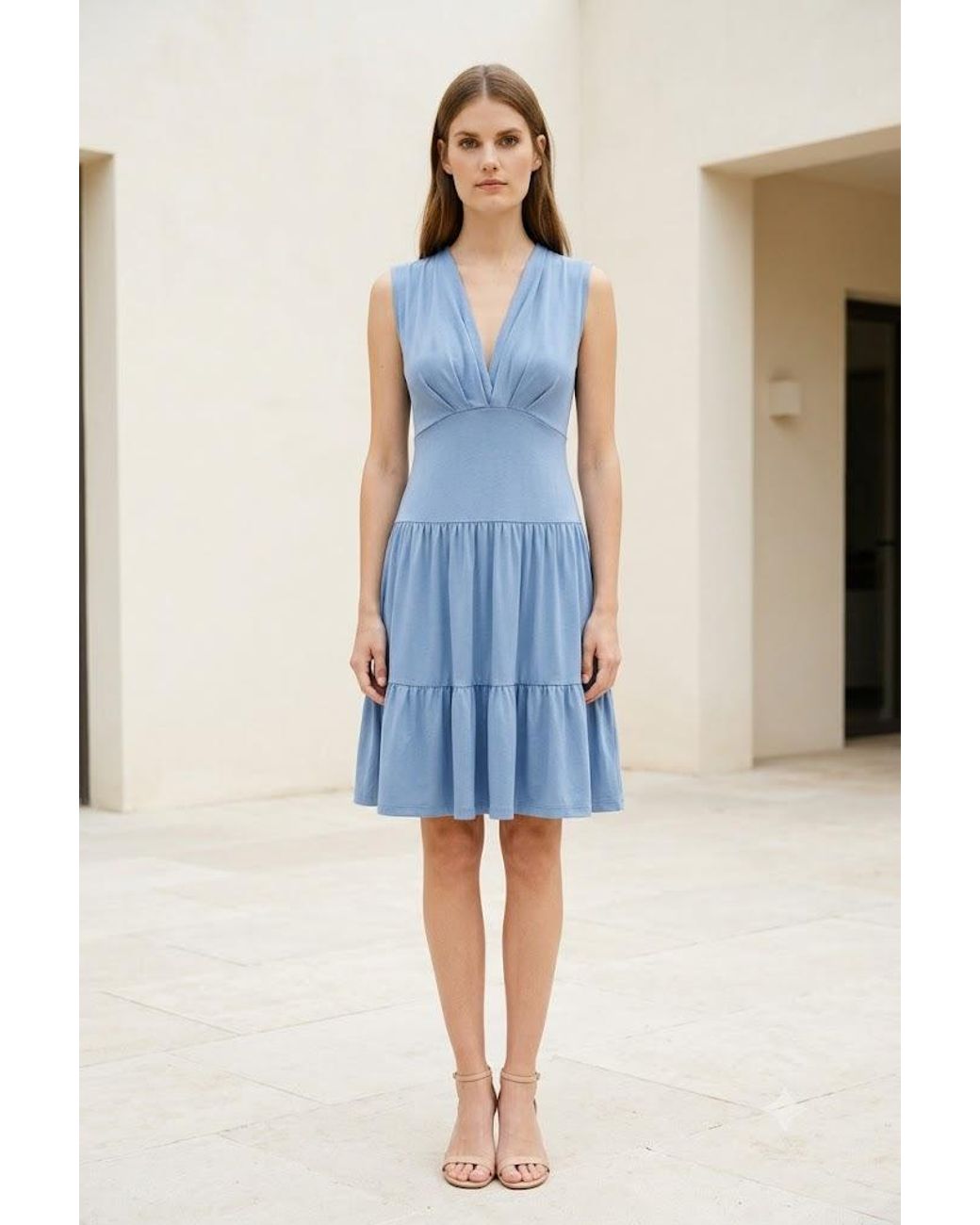 Conquista Blue Pleated V-Neck Flounce Dress