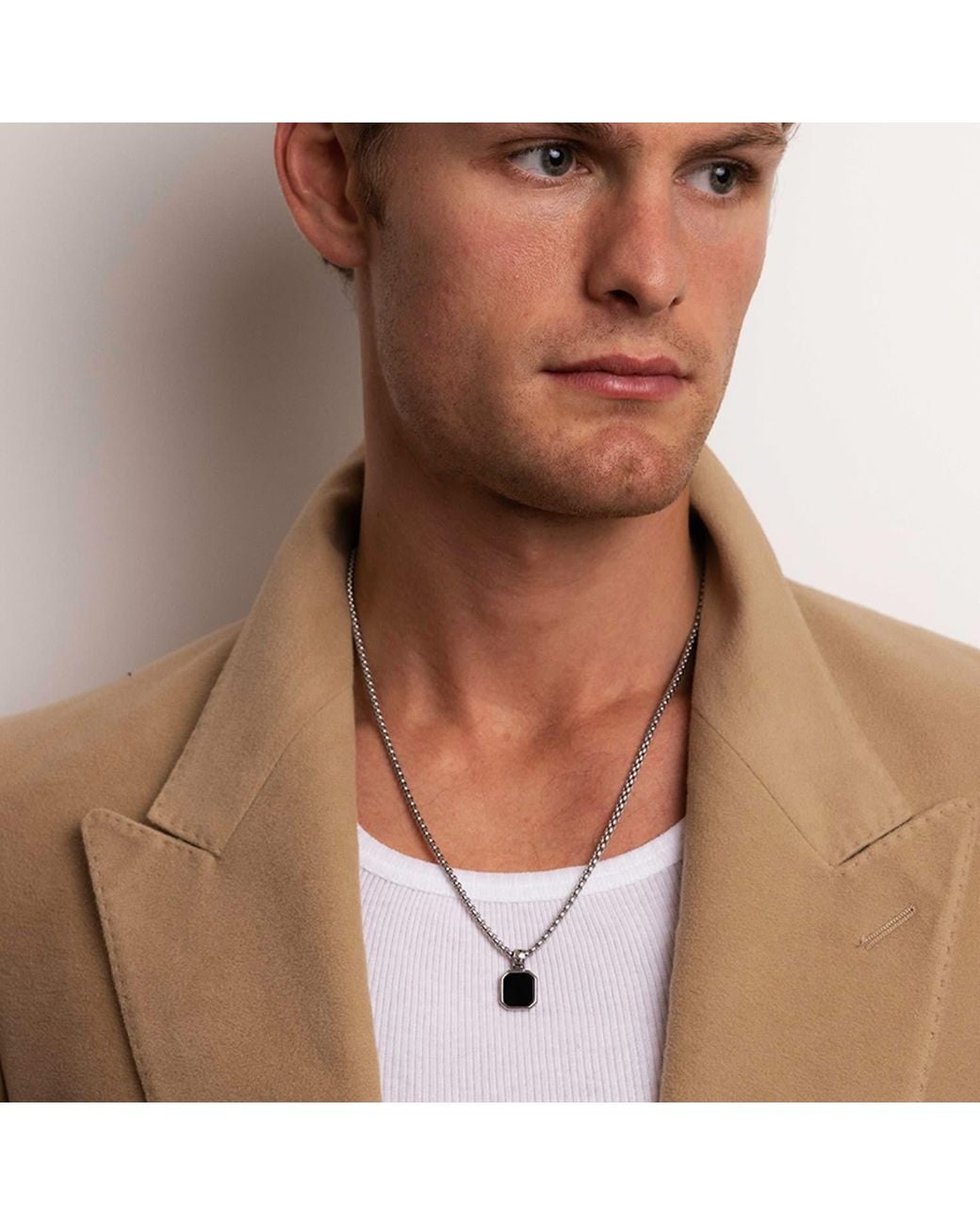 Nialaya White Necklace With Square Matte Onyx Pendant for men