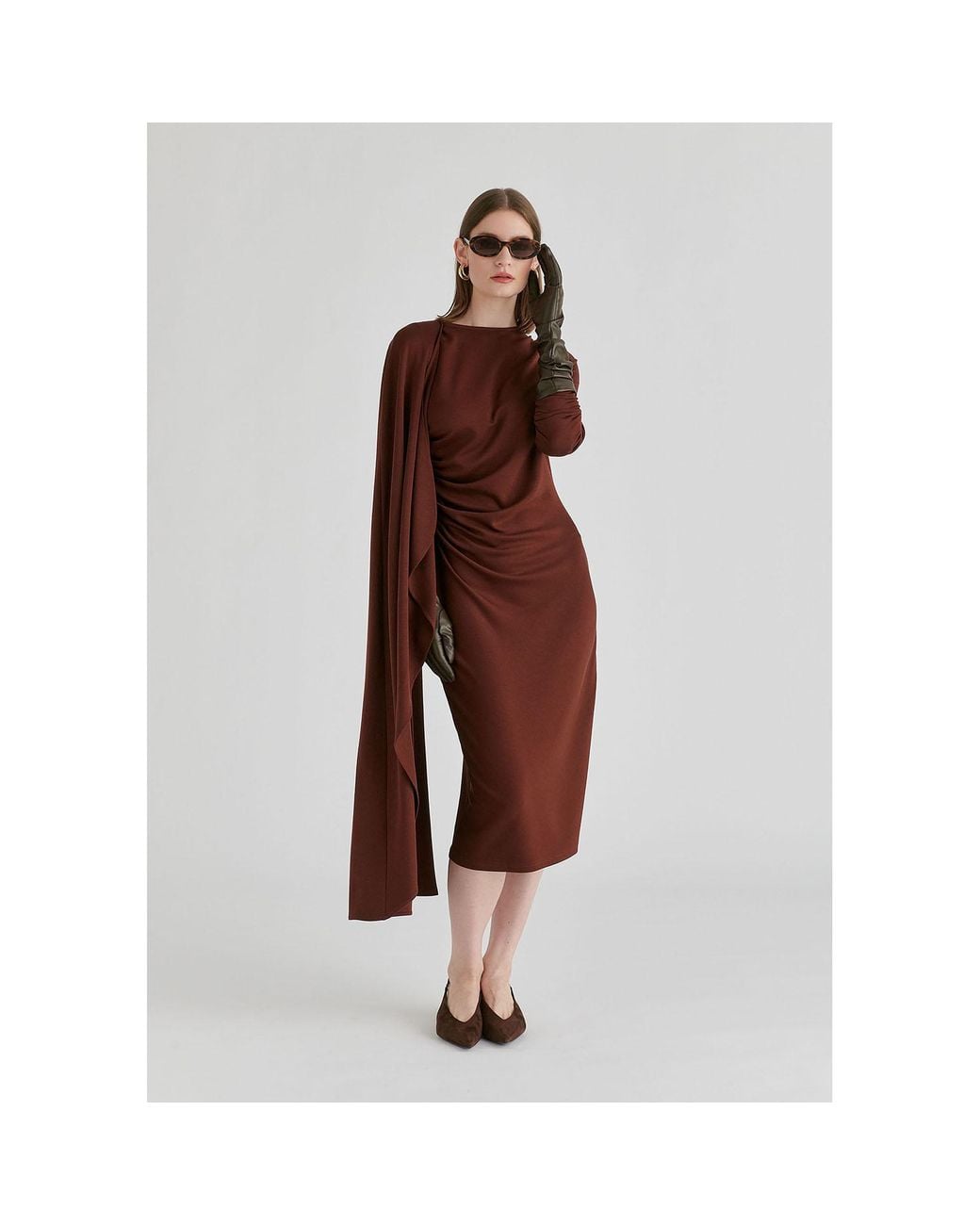 Paisie Brown Asymmetrical Cape Sleeve Lyocell Jersey Midi Dress
