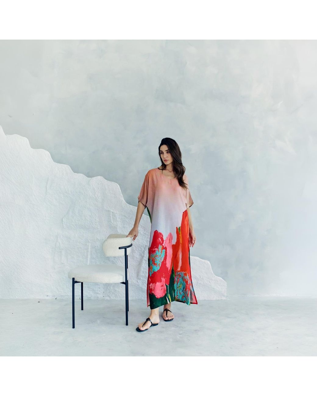 DHARA SHETH DUBAI Red Coral Mirage Floral Kaftan Maxi Dress With Side Slits