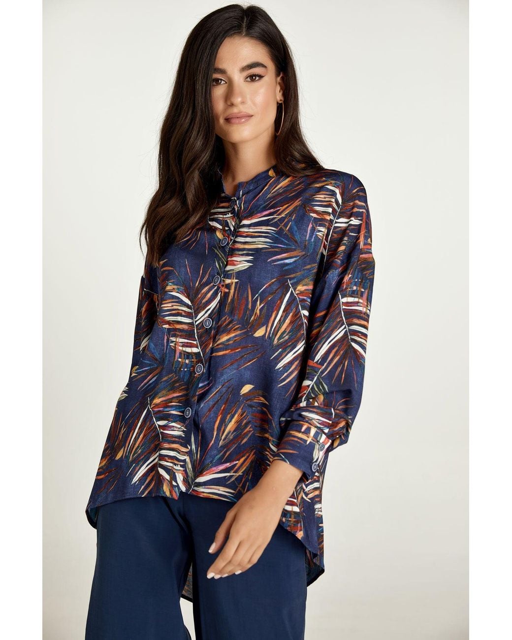 Conquista Blue Leaf Print Blouse With Mandarin Collar