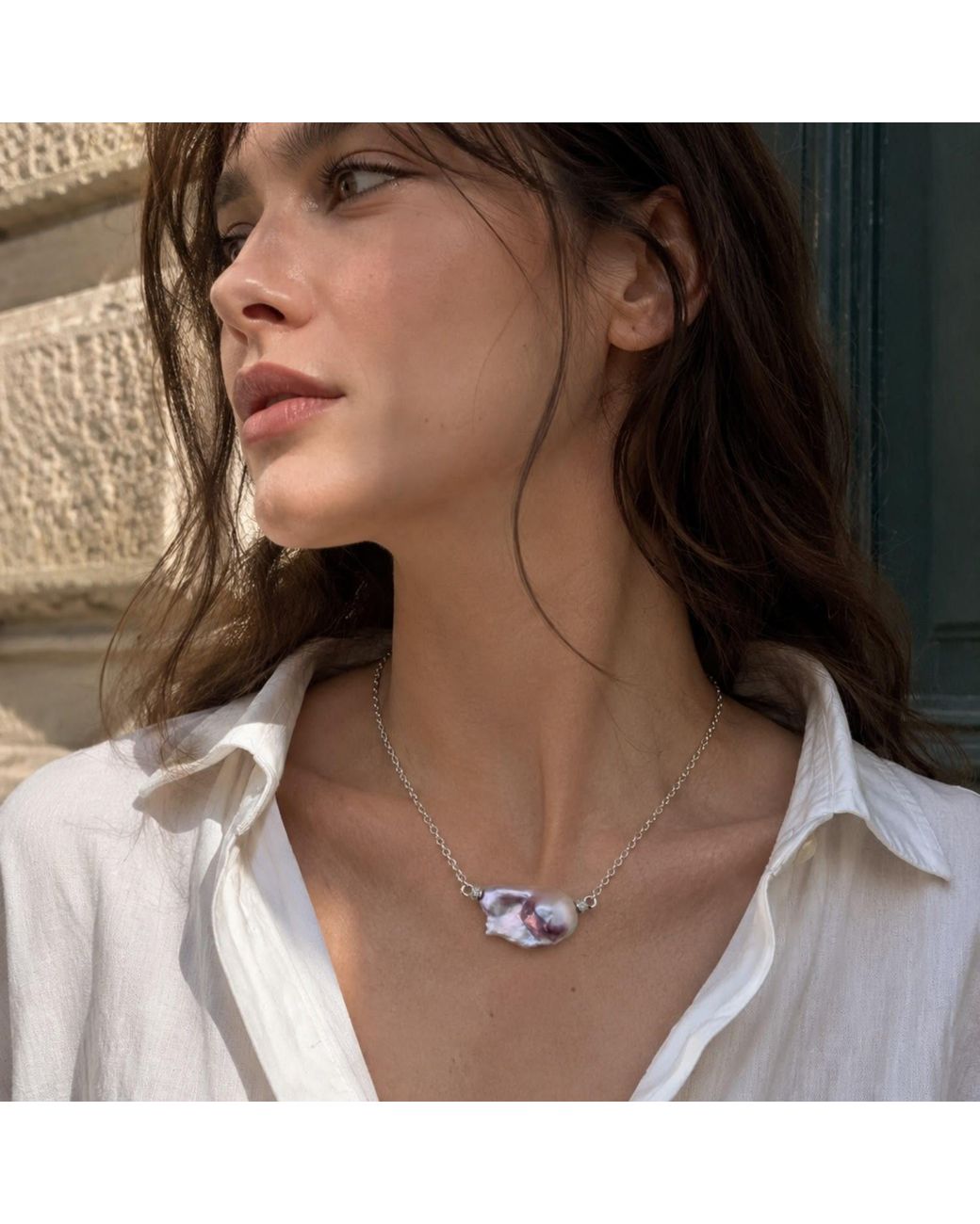 Ninemoo Metallic Lune Mauve Pearl Necklace