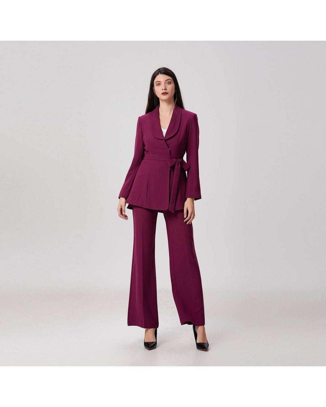 Smart and Joy Purple Long Tailor Knot On Waist Blazer