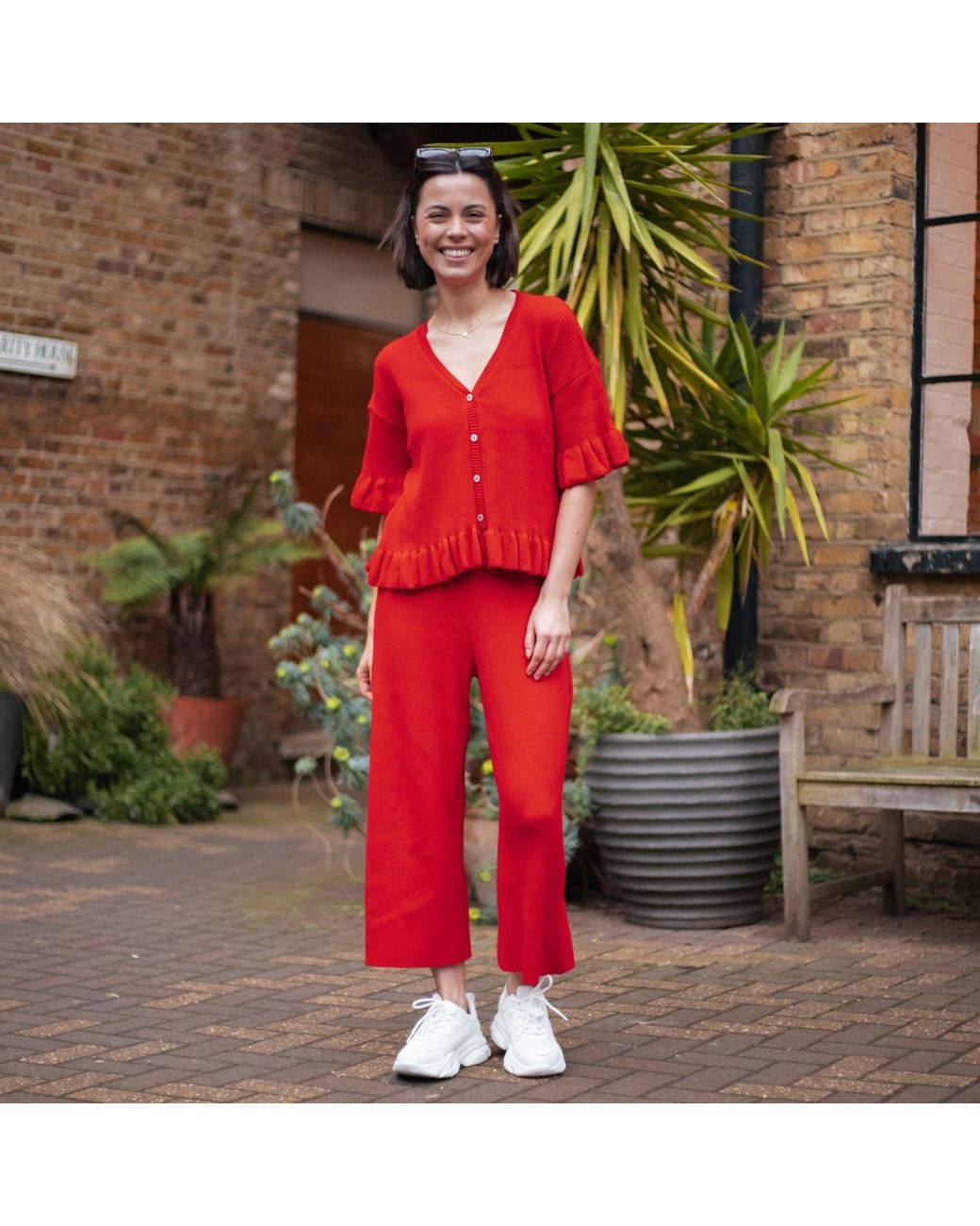 Cara & The Sky Red Marlow Ruffle Co-Ord Short Sleeve Cardigan