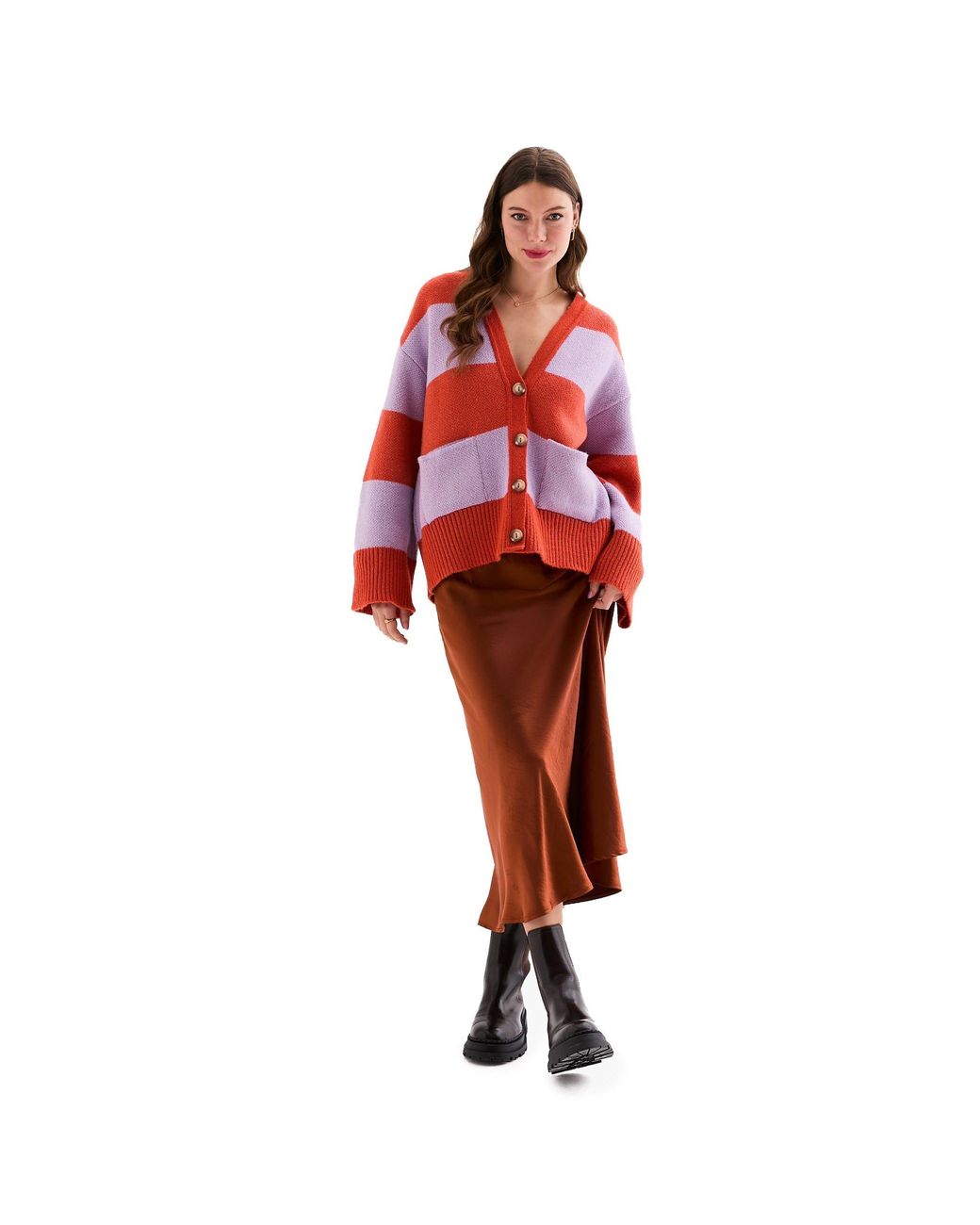 Cara & The Sky Red Candice Chunky Stripe V Neck Button Cardigan