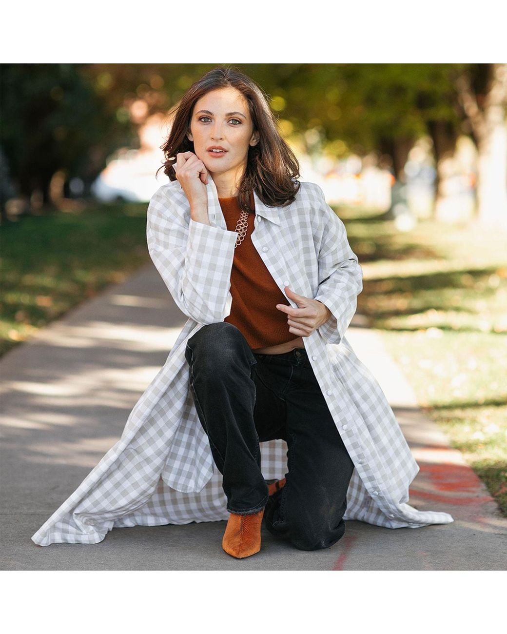 Zenzee Gray Neutrals Cotton Linen Gingham Shirt Dress Natural