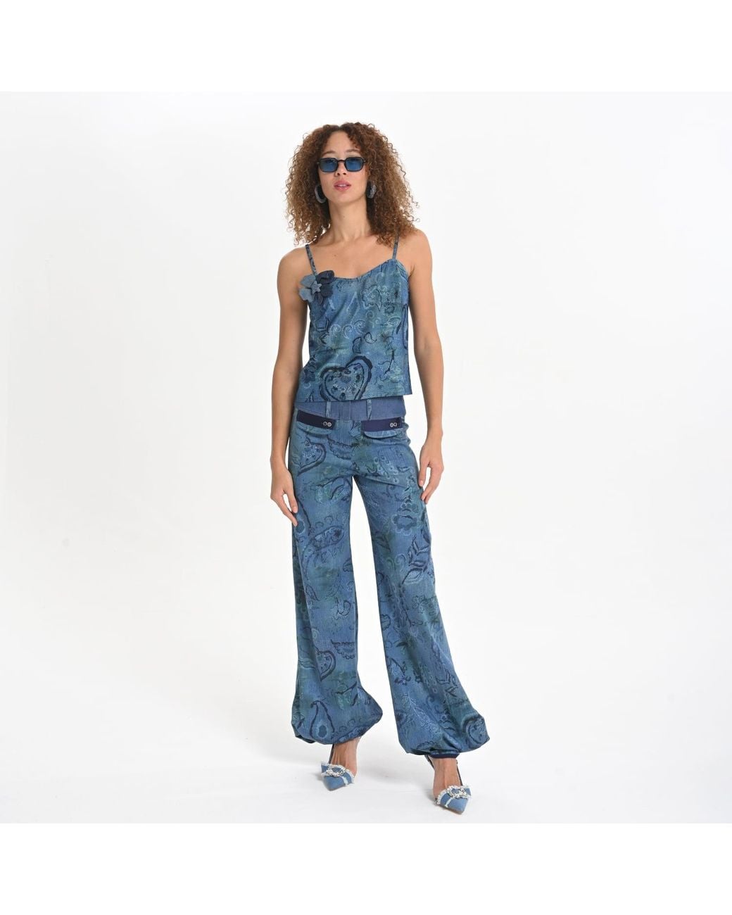 Lalipop Design Blue Stylised Floral Denim-Look Wide-Leg Pants