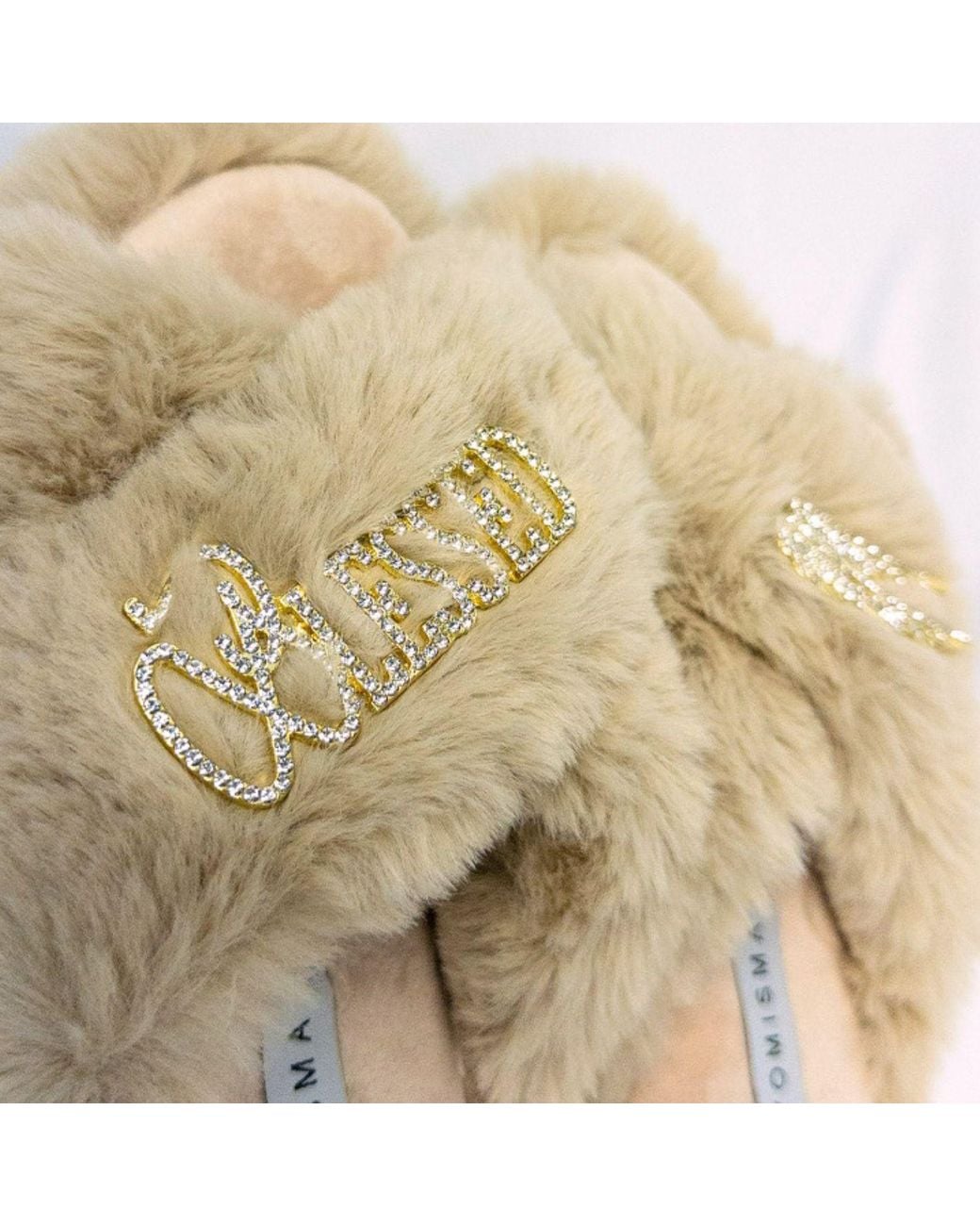 Yomisma Natural Neutrals Eco Faux Fur Slippers With Blessed & Angel Wing Brooches