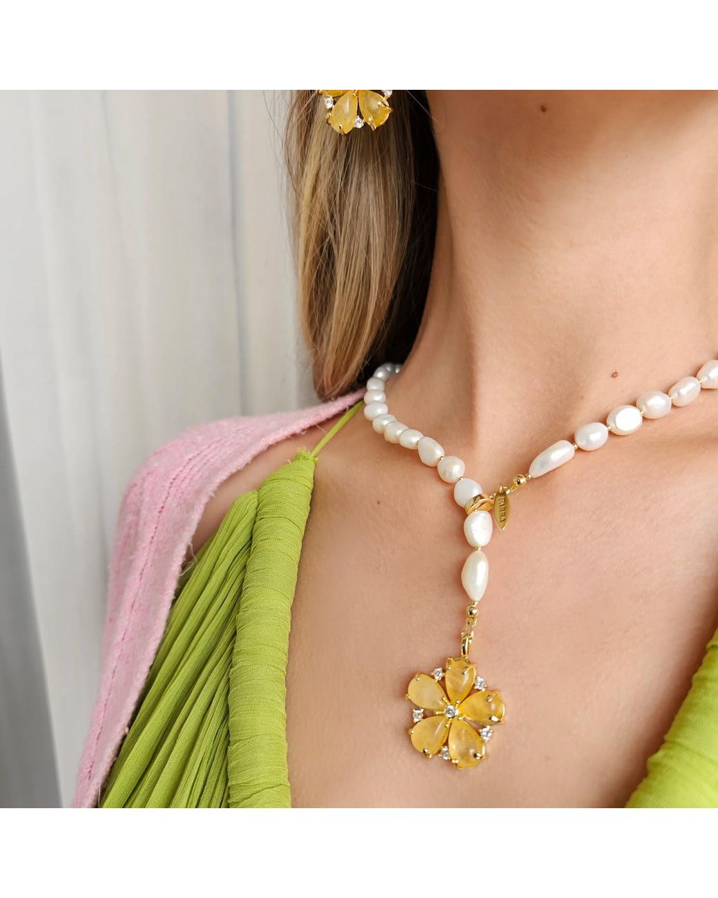 Farra Metallic Irregular Freshwater Pearls With Citrine Flower Pendant Lariat Necklace