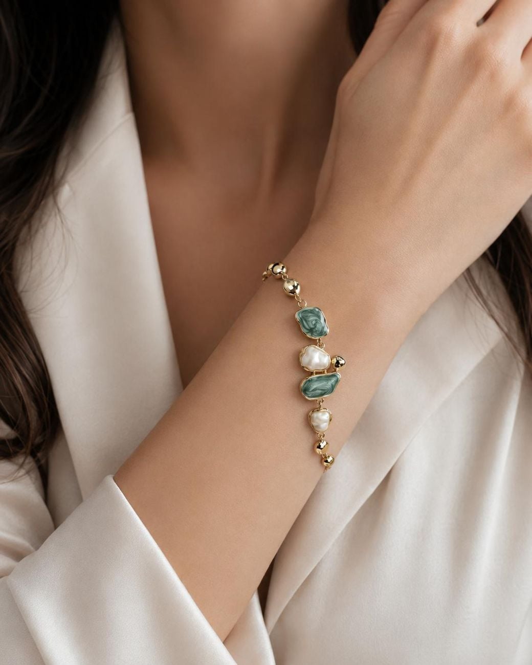 By Ozge Metallic Sea Whisper Mother Of Pearl & Enamel Plated Bracelet