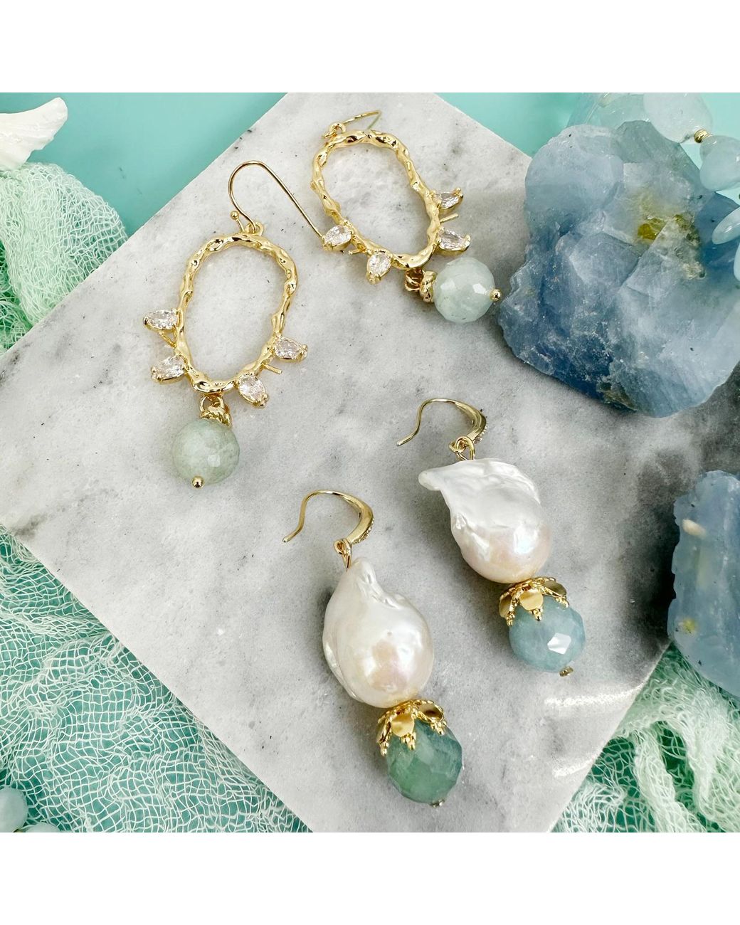 Farra White Baroque Pearl With Aquamarine Dangle Earrings