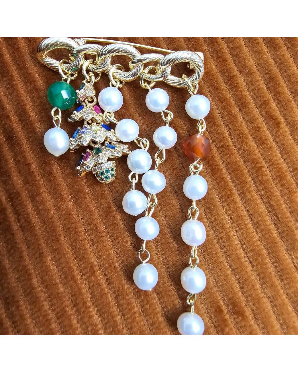 Farra Metallic Freshwater Pearl With Agate And Christmas Tree Tassel Brooch