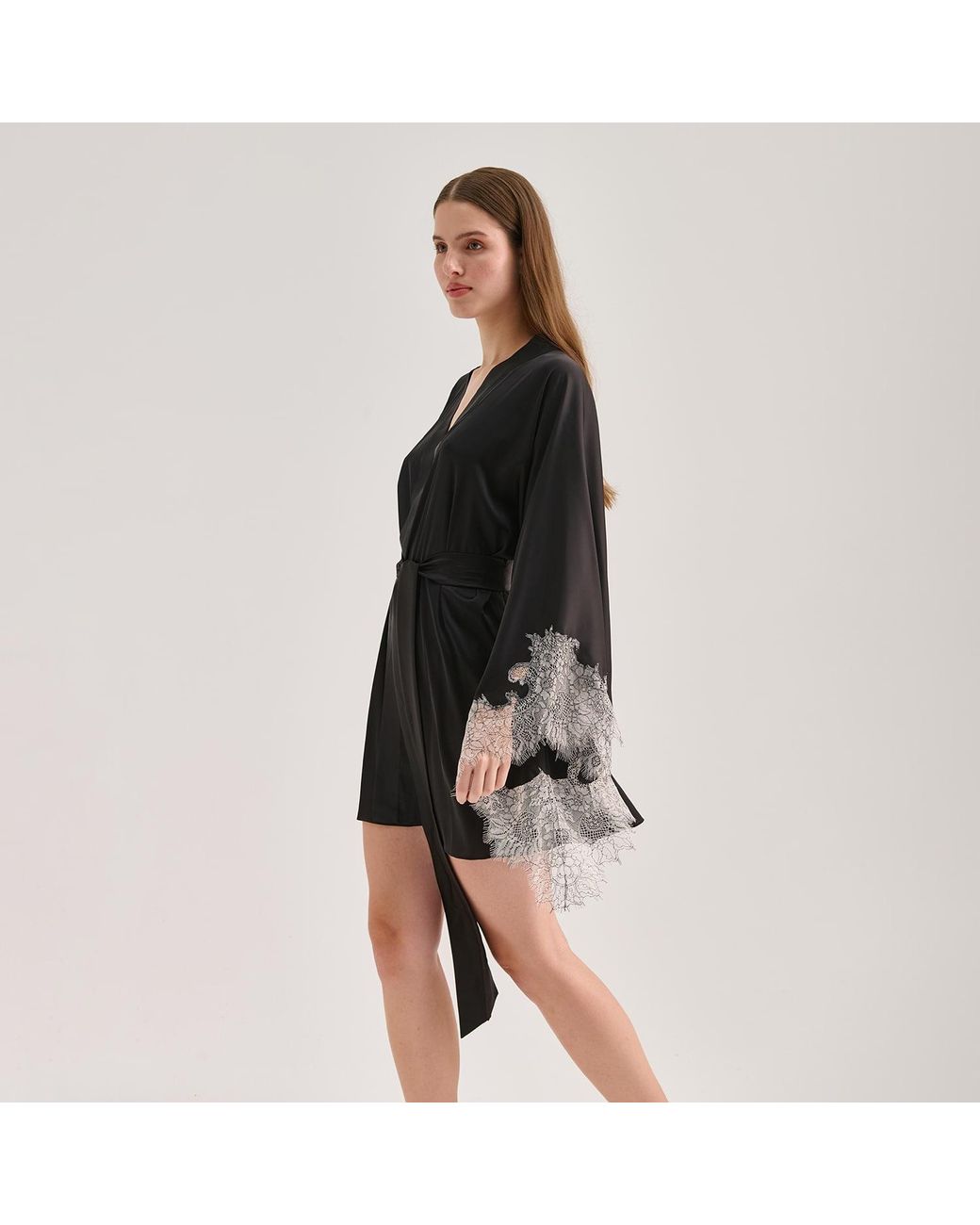 Avenue 8 Black Lace Mini Silk Robe