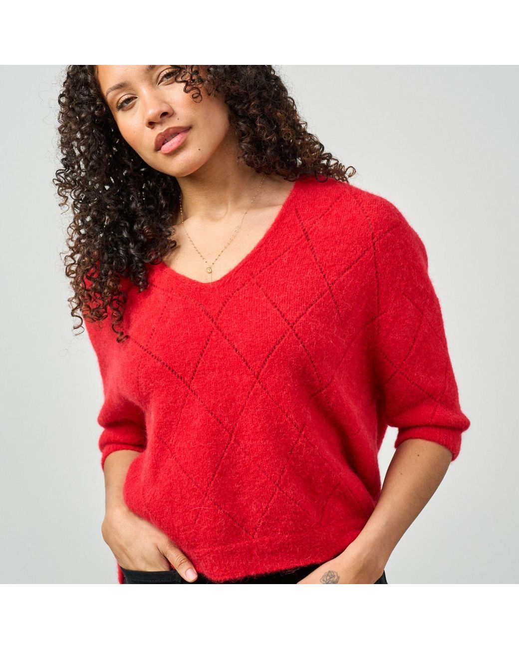 Luella Fashion Red Montrose Short Sleeve V-Neck Diamond Pattern Alpaca Knit Jumper