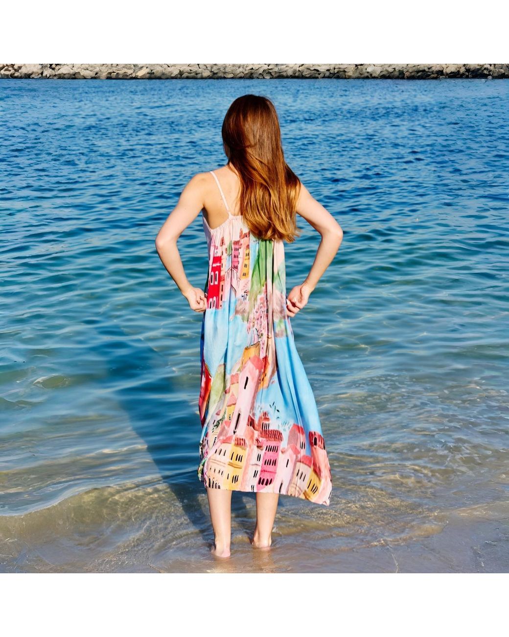 DHARA SHETH DUBAI White La Riviera Printed Spaghetti Strap Maxi Dress