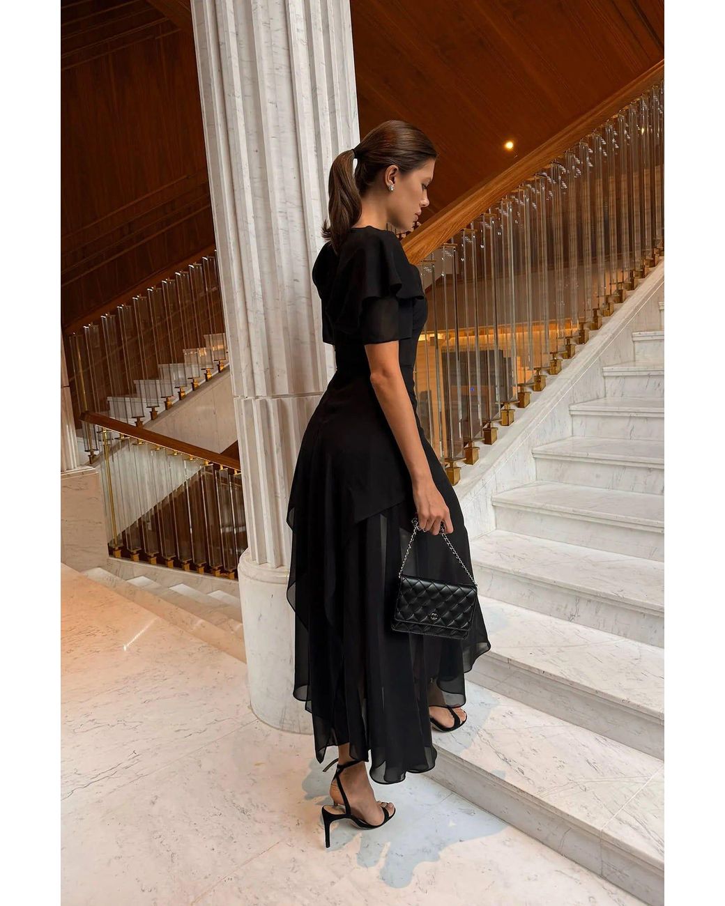 POST MERIDIEM Black Chiffon Asymmetrical Midi Dress