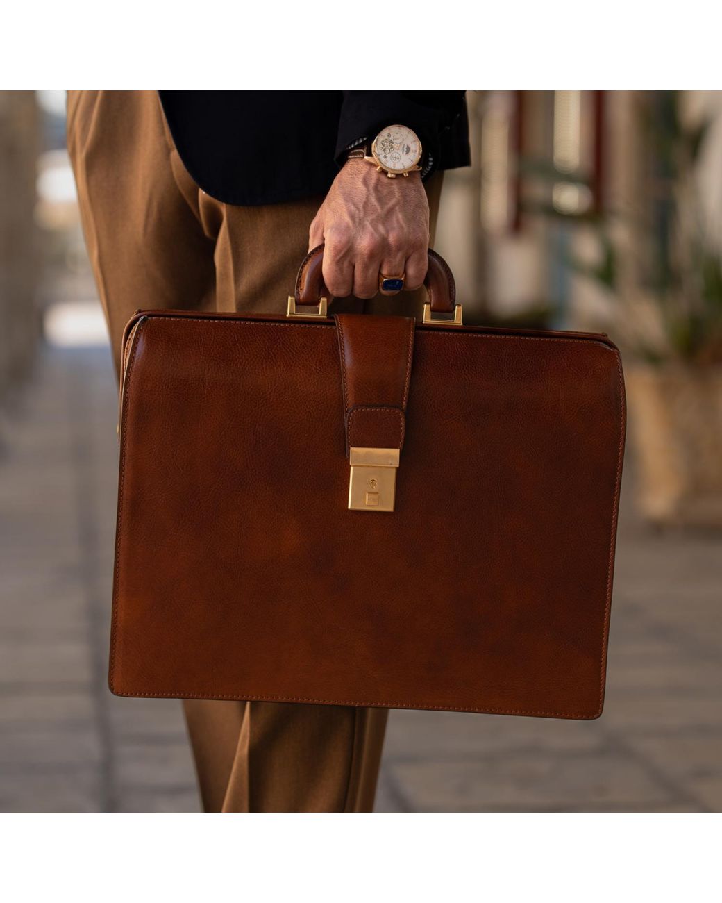 Time Resistance Brown Large Leather Briefcase for men