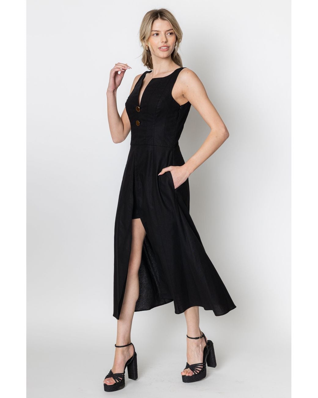 Zetaye Black Celeste Linen Cotton Midi Mini Dress