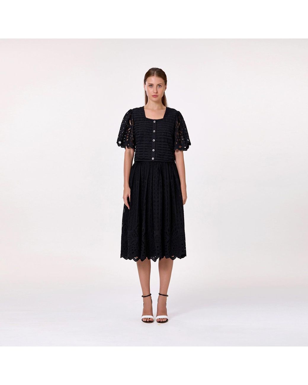 Smart and Joy Black Embroidered Cotton Midi Skirt