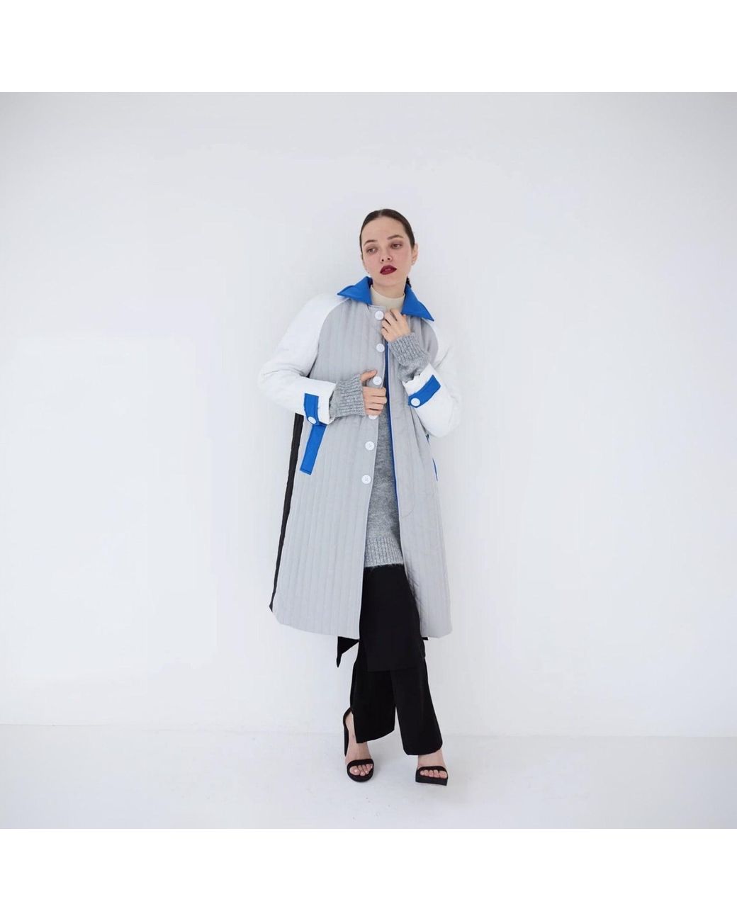 London Atelier Byproduct Blue Patchwork Colour Block Quilt Long Jacket