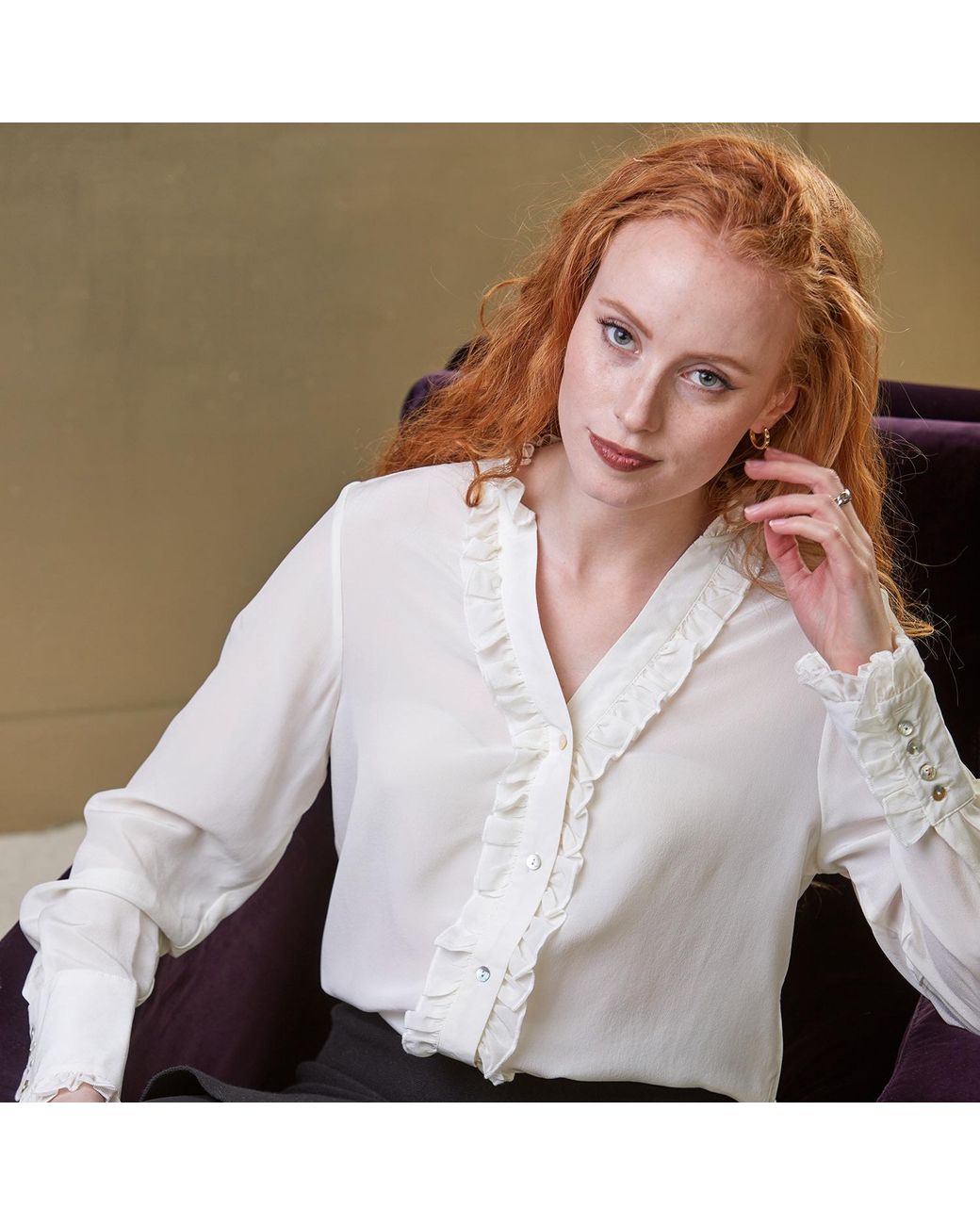Guinea London White Neutrals Cream Silk Bouse With Ruffles