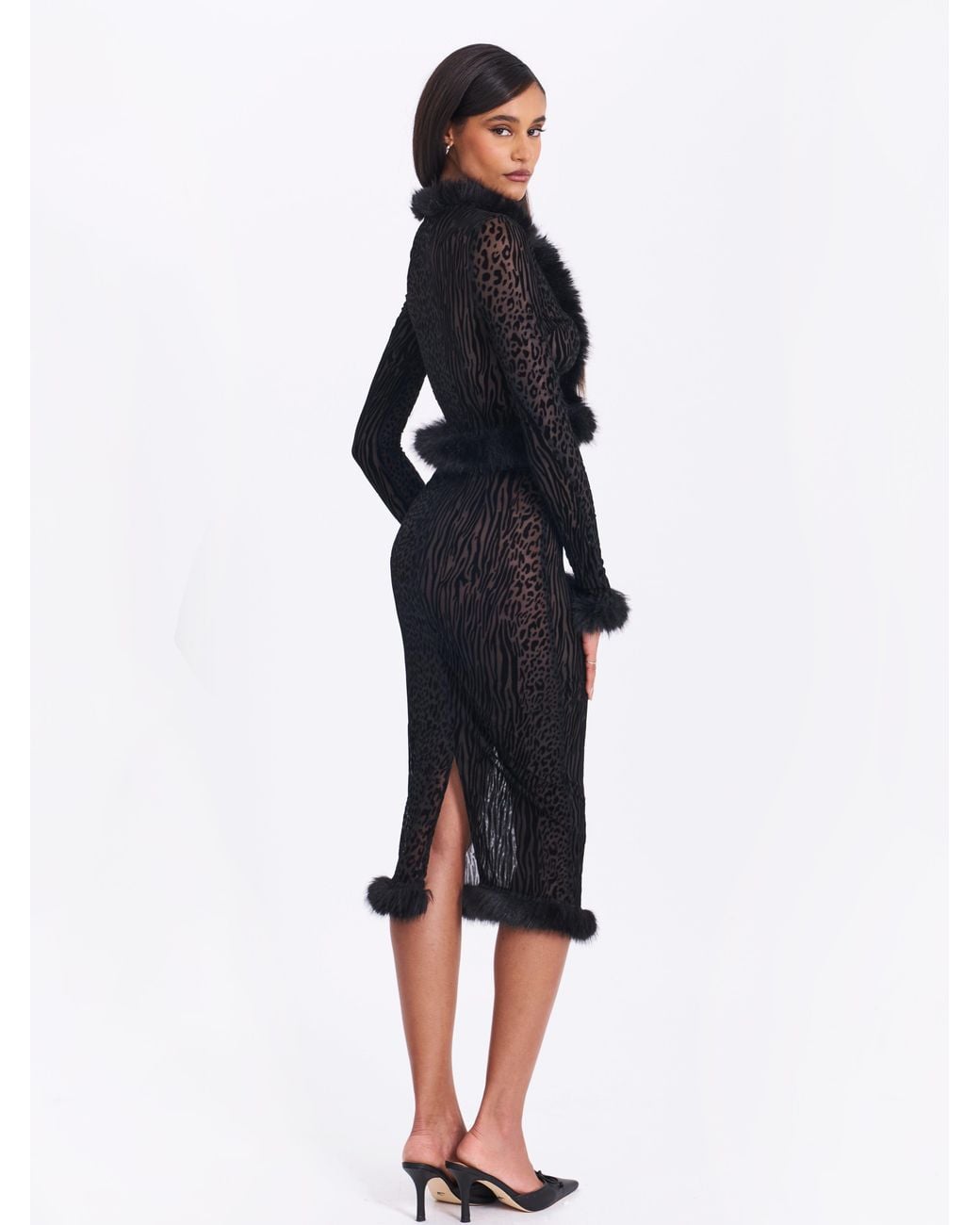 Miss Circle New York Black Halia Animal Print Burnout Velvet Fur Trim Skirt