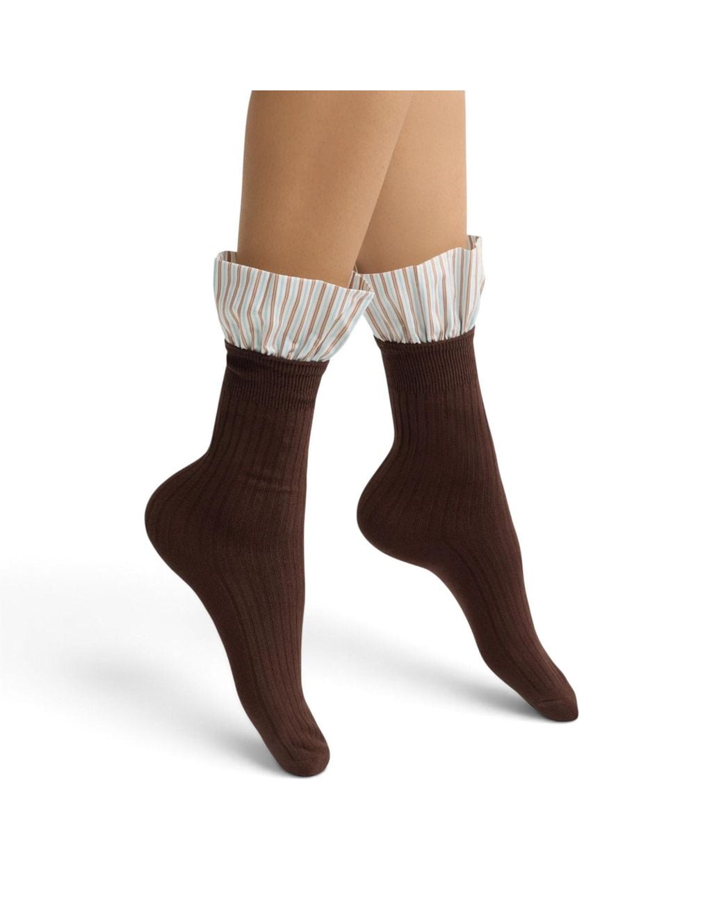 HIGH HEEL JUNGLE by KATHRYN EISMAN Brown Lauren Pinstripe Cuff Socks