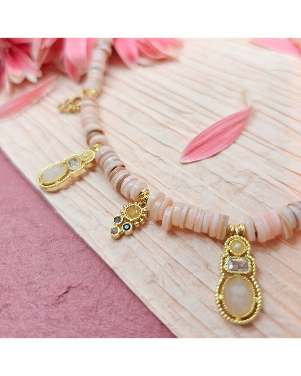 Farra Pink Bohemian Shell With Rose Quartz Pendant Necklace