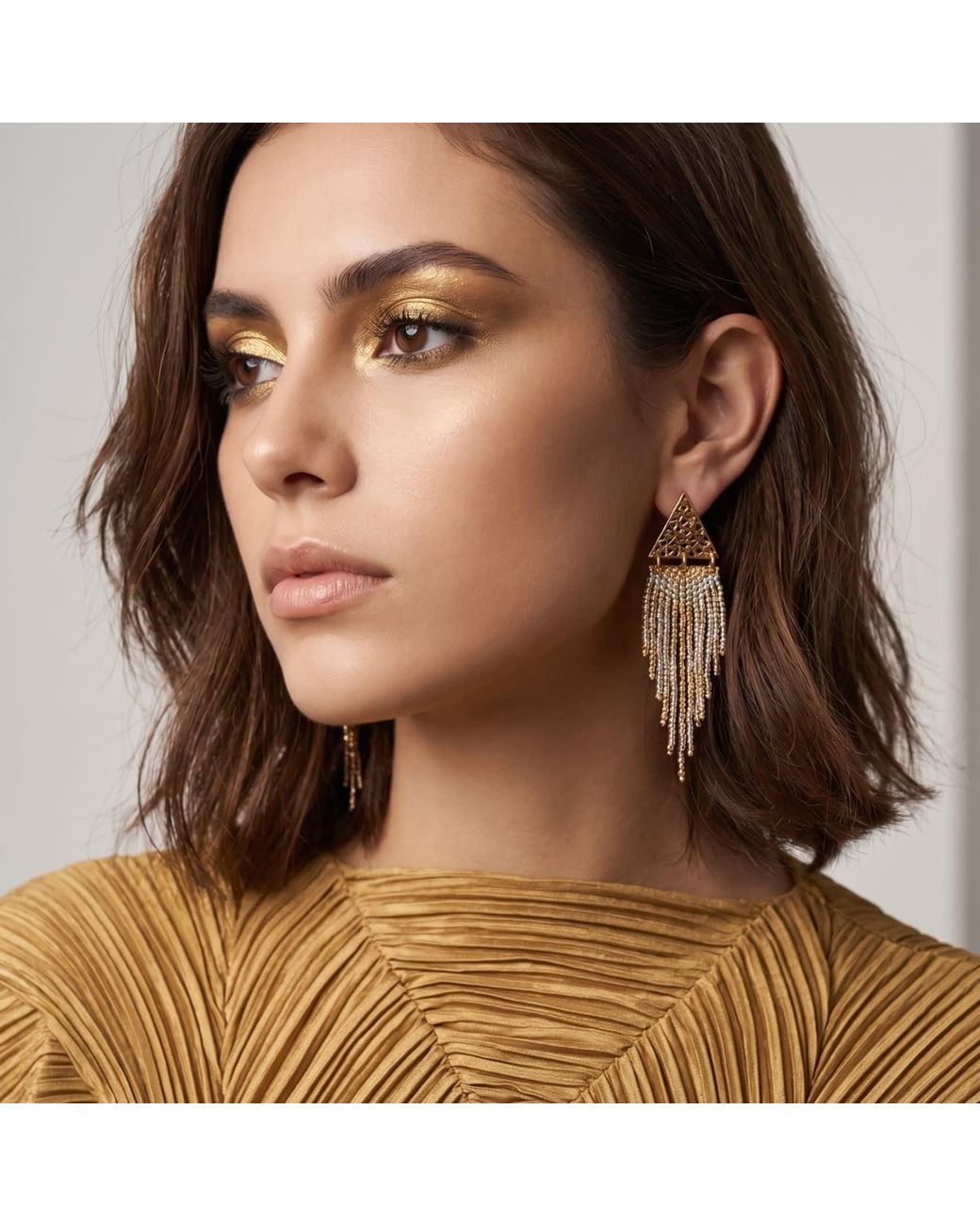 Iliana Arrazola Metallic Triangle Fringe, Dangle Earrings, Glass Beads, Beaded Jewelry