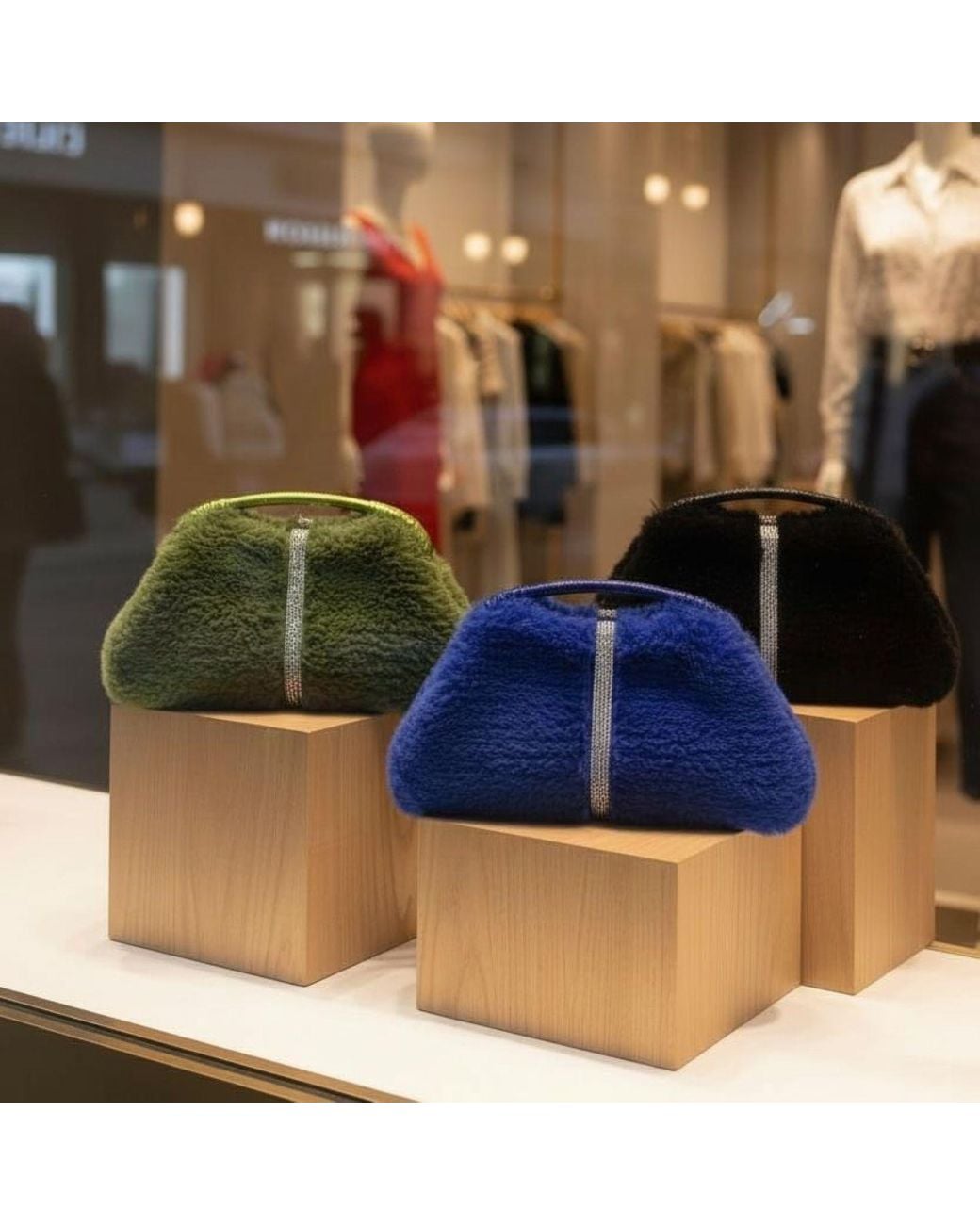 Springmoonatelier Green Handmade Plush Clutch Bag With Crystal Accent – Limited Edition Winter Luxury