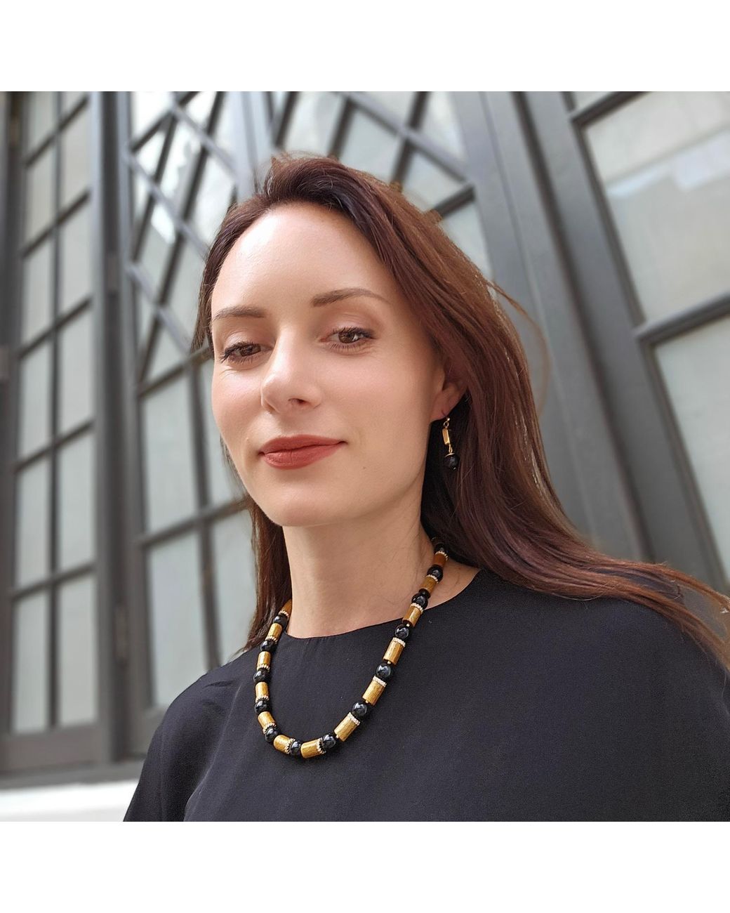 Farra Metallic Tiger-Eye Stone With Obsidian Minimalist Earrings