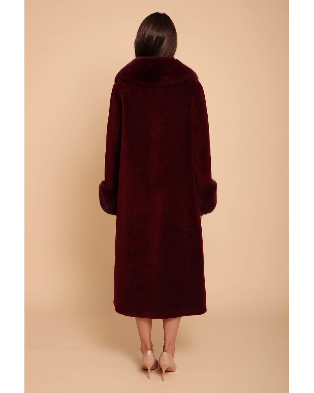 Santinni Red Sunset Boulevard Long Wool Coat With Faux Fur Collar