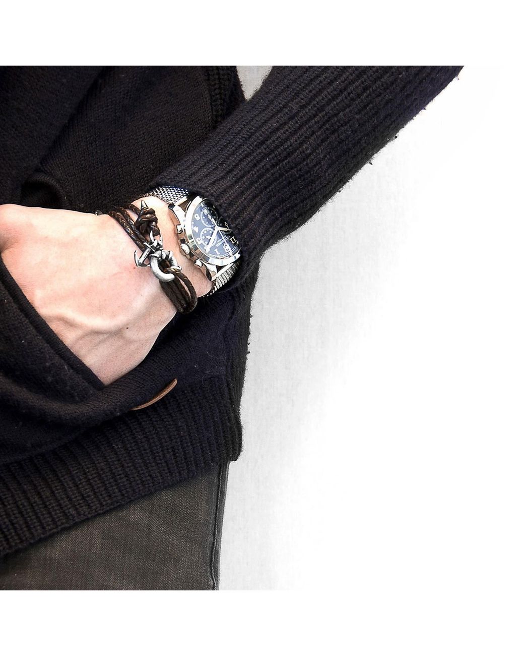 Anchor and Crew Brown Dark Clyde Anchor & Braided Leather Bracelet for men