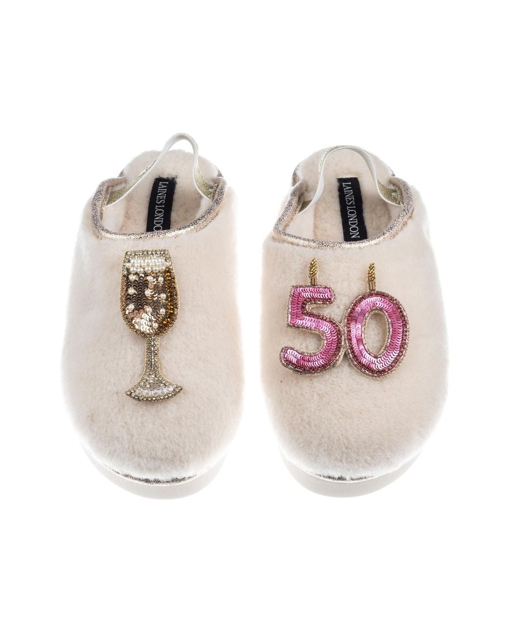 Laines London Multicolor Neutrals Flatform Cloud Closed Toe Slippers With 50Th Birthday & Champagne Glass Brooches