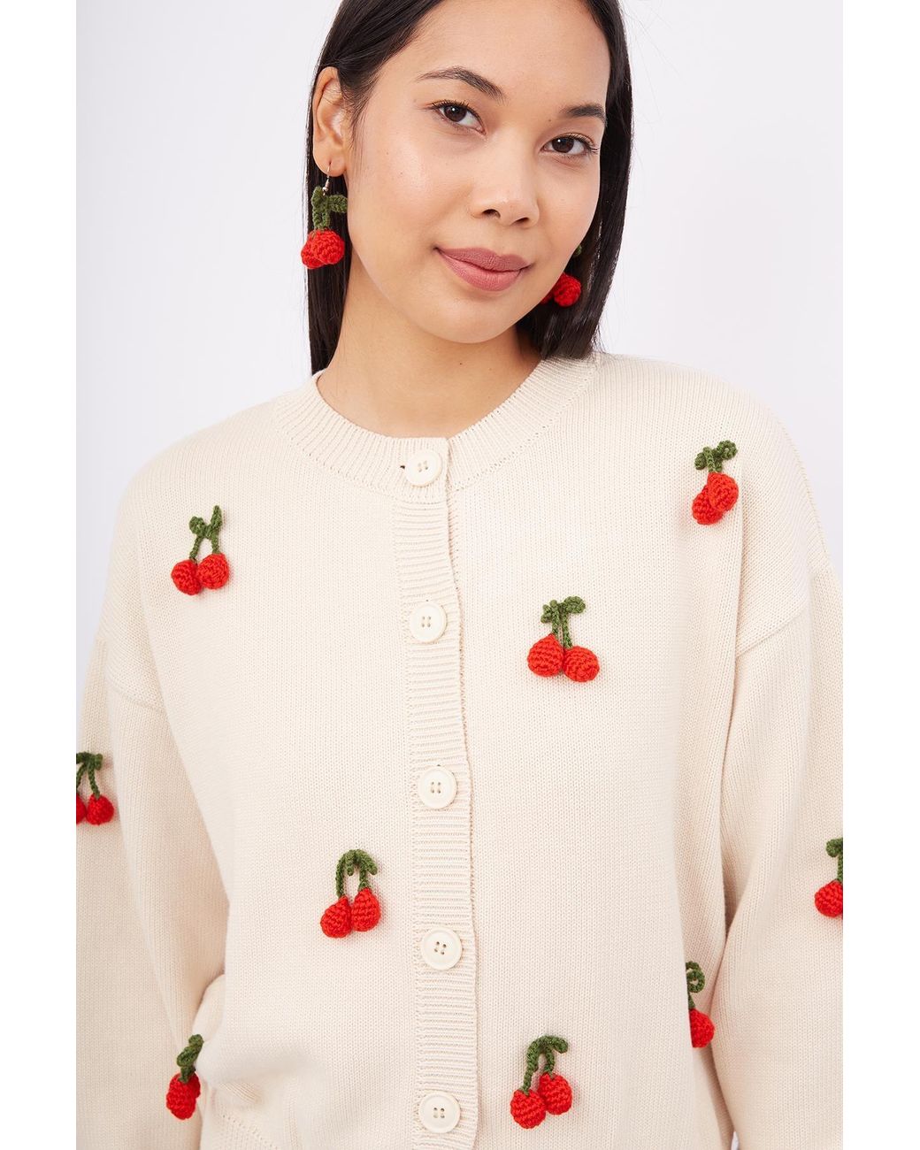 Peraluna Pink Neutrals Cherry Hand Embroidered Cardigan
