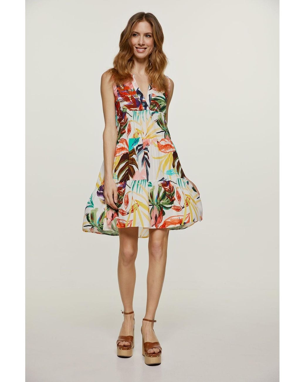 Conquista Natural Neutrals Ecru Leaf Print Sleeveless Dress