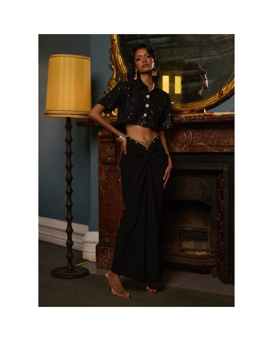 International Appeal Black Sari-Draped Maxi Skirt