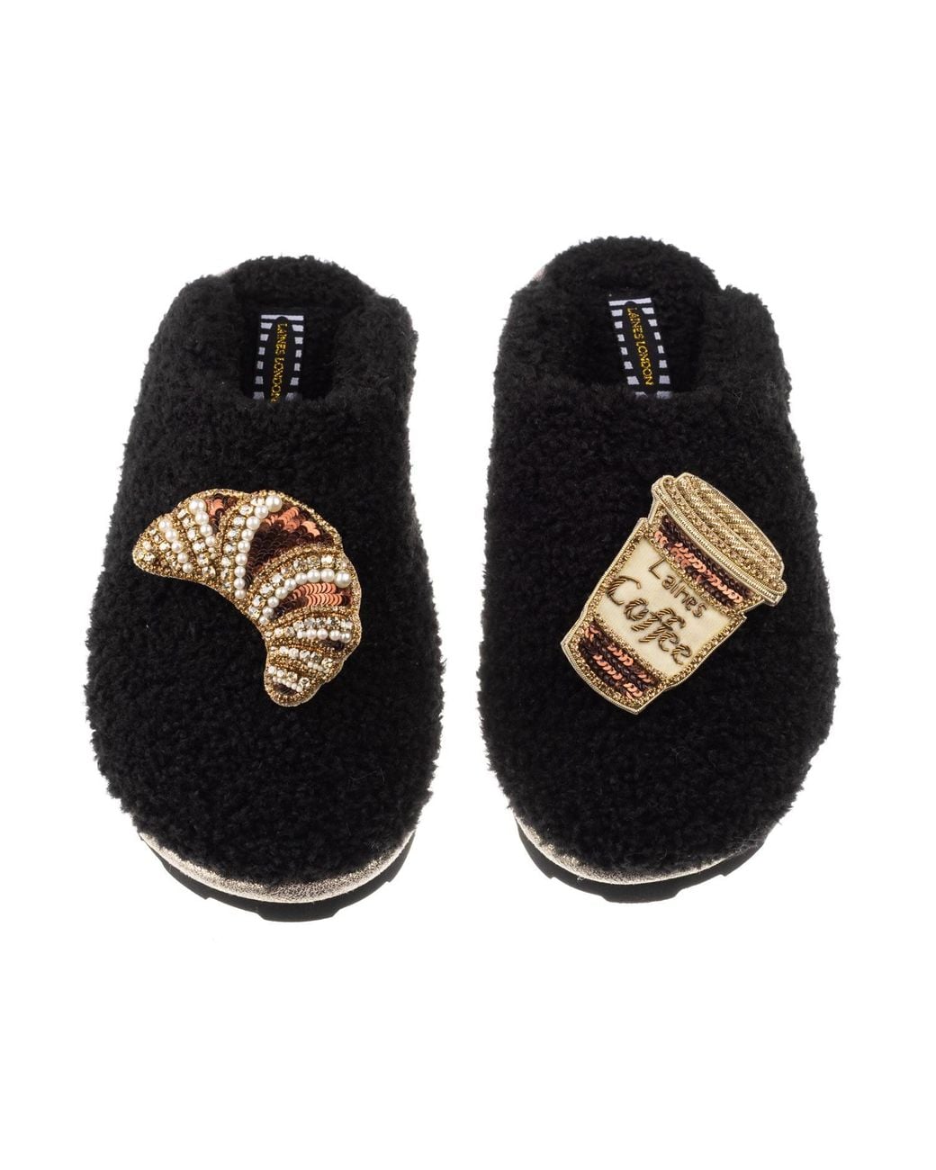 Laines London Black Teddy Towelling Closed Toe Slippers With Coffee & Croissant Brooches