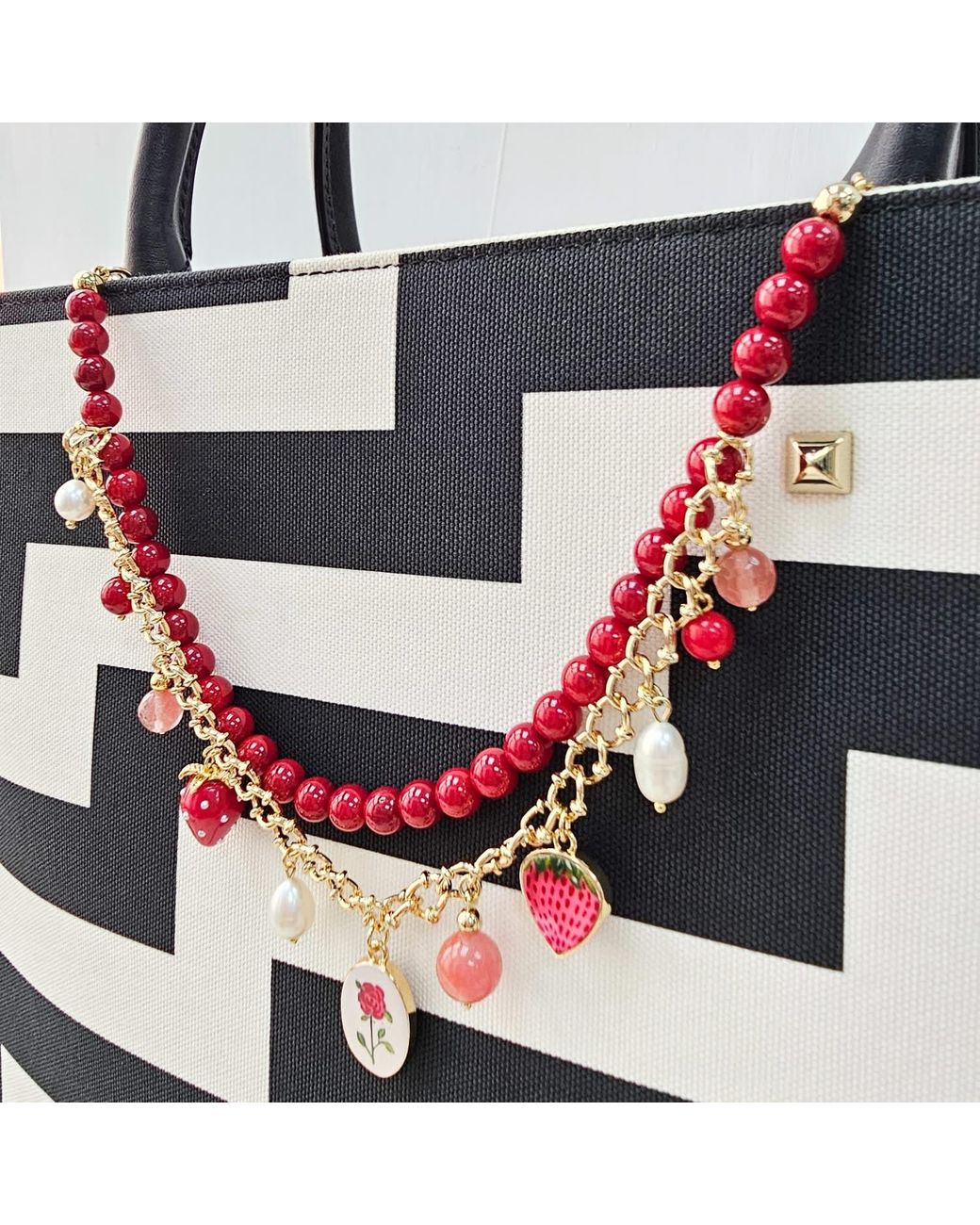 Farra Red Bamboo Coral With Strawberry And Rose Double Layers Chain Bag Charm