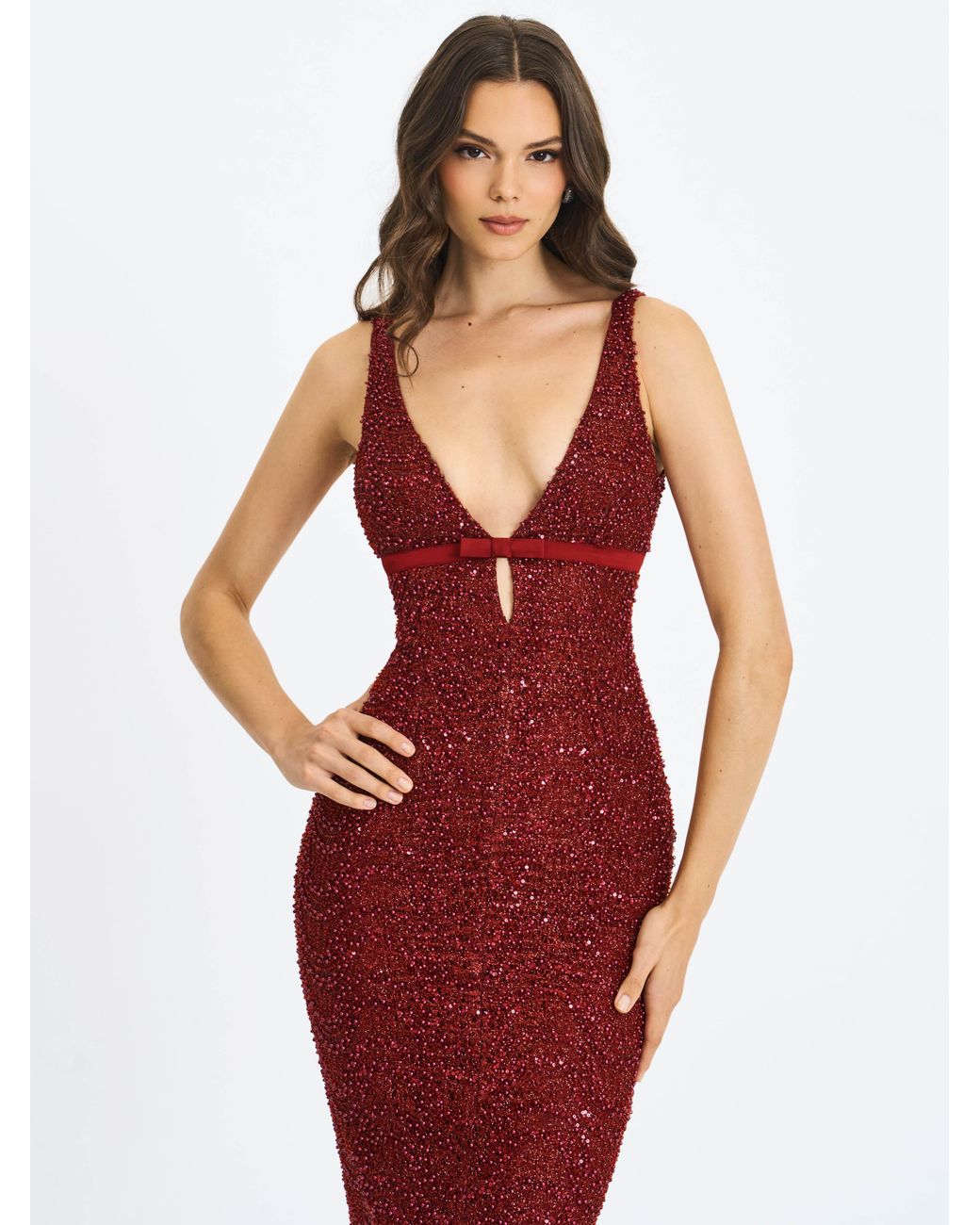 Miss Circle New York Red Elora Crimson Sequin Beaded Keyhole Maxi Dress