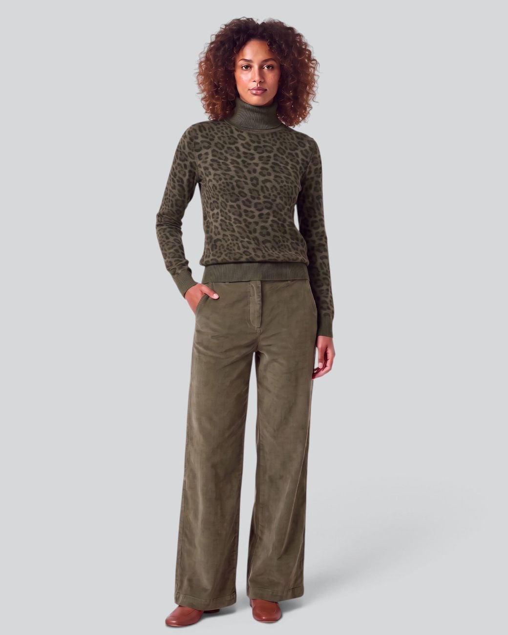 Lords of Harlech Green Rona Leopard Sage Merino Silk Cashmere Turtleneck