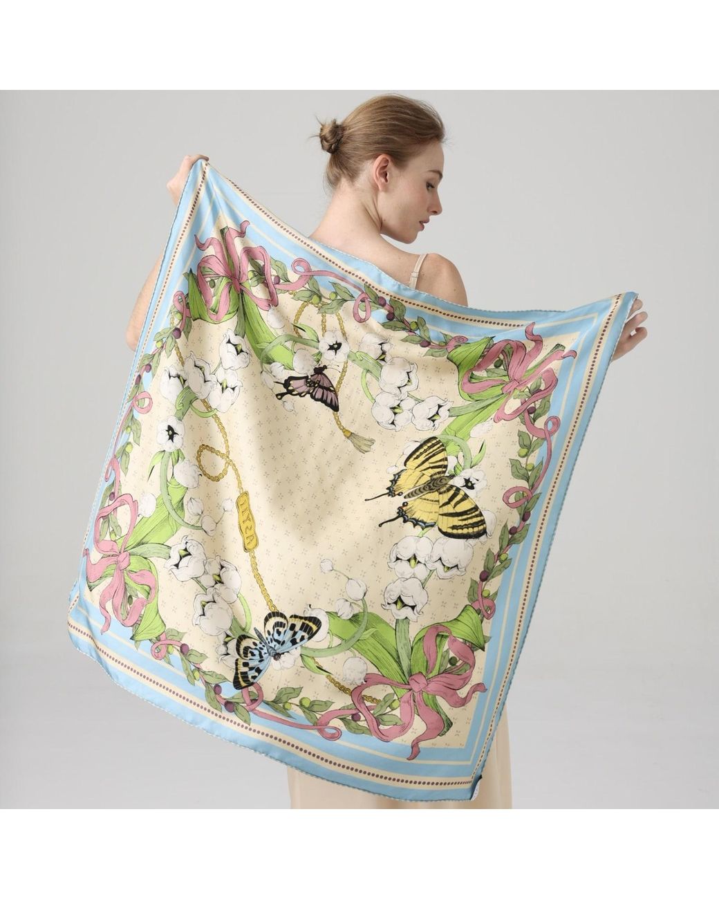 Asyii Metallic Neutrals Bloom Corner Hand-Rolled Silk Twill Statement Square With Double Side Printed