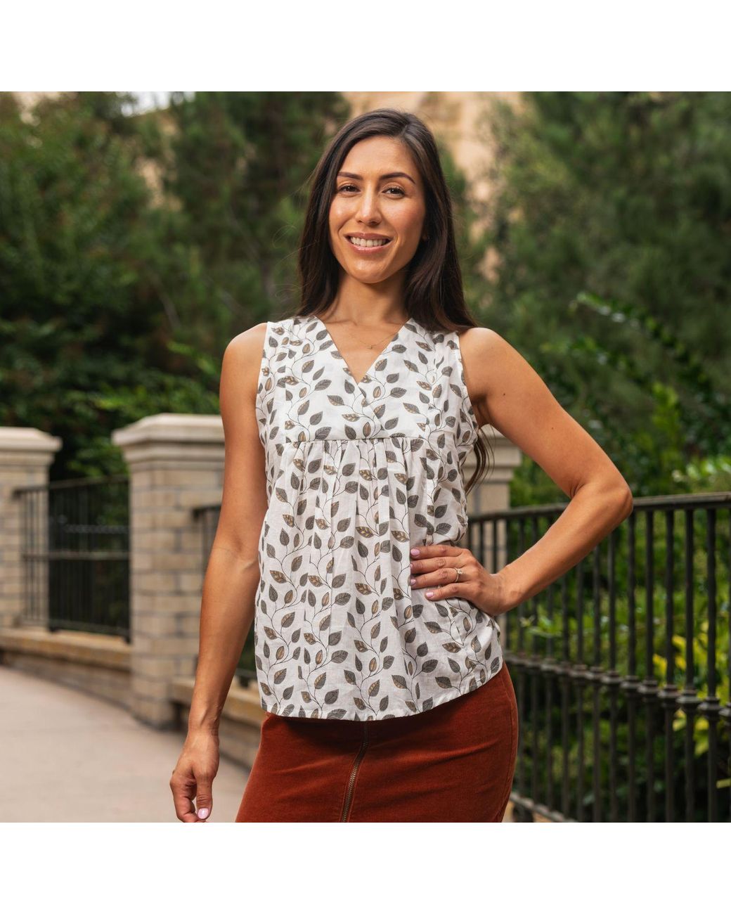House of Gl Natural Neutrals Nira Cotton Sleeveless V-Neck Blouse With Leaf Print