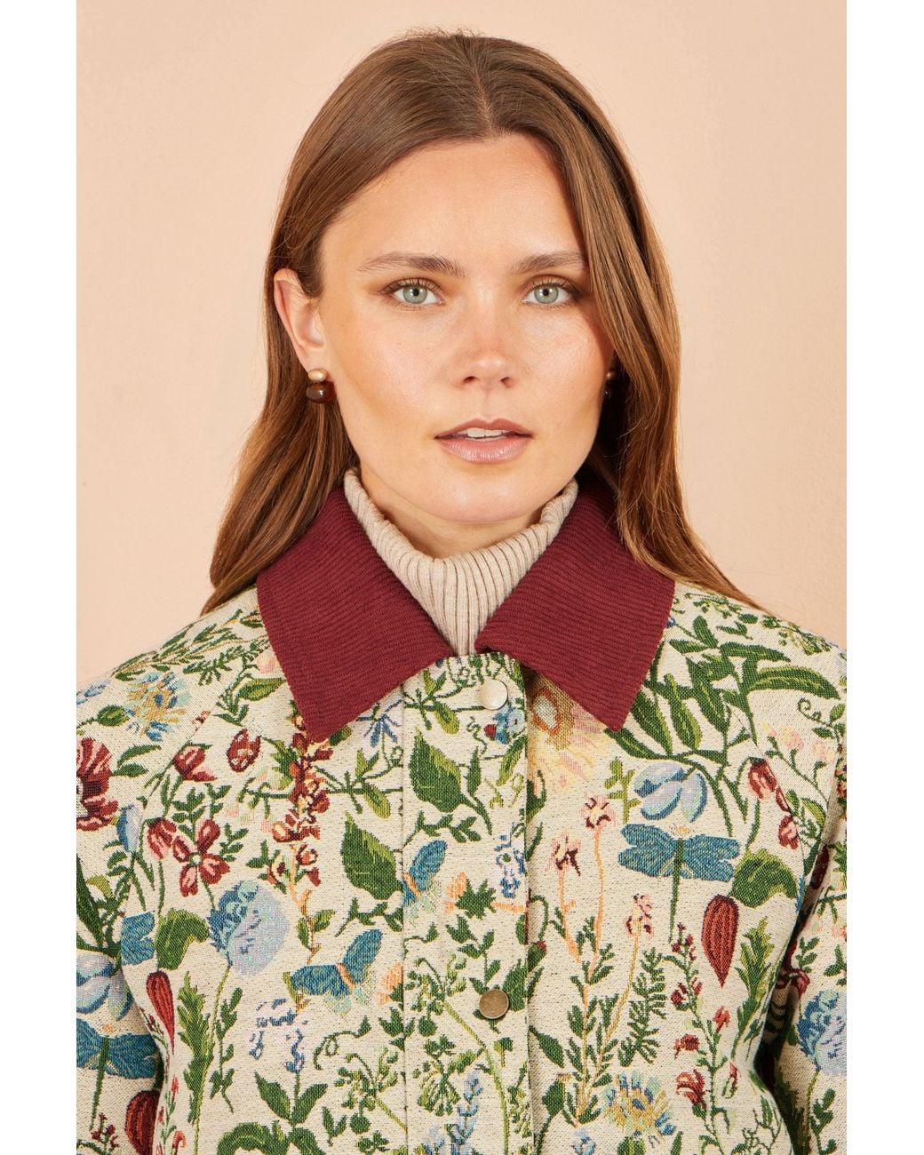 Yumi' Green Ivory Botanical Woven Bomber Jacket